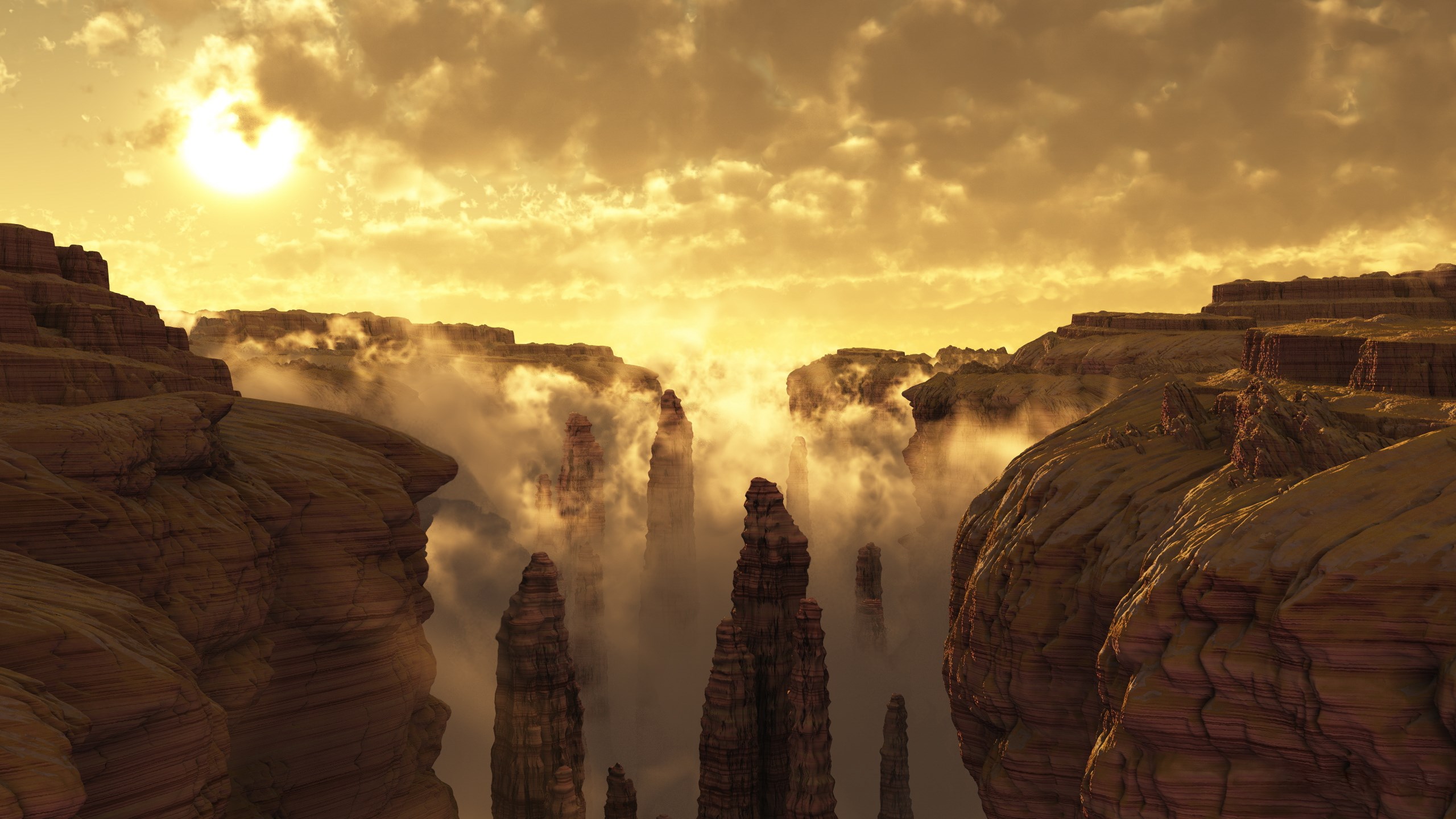 Canyon landscape with rock spires and fog HD Wallpaper