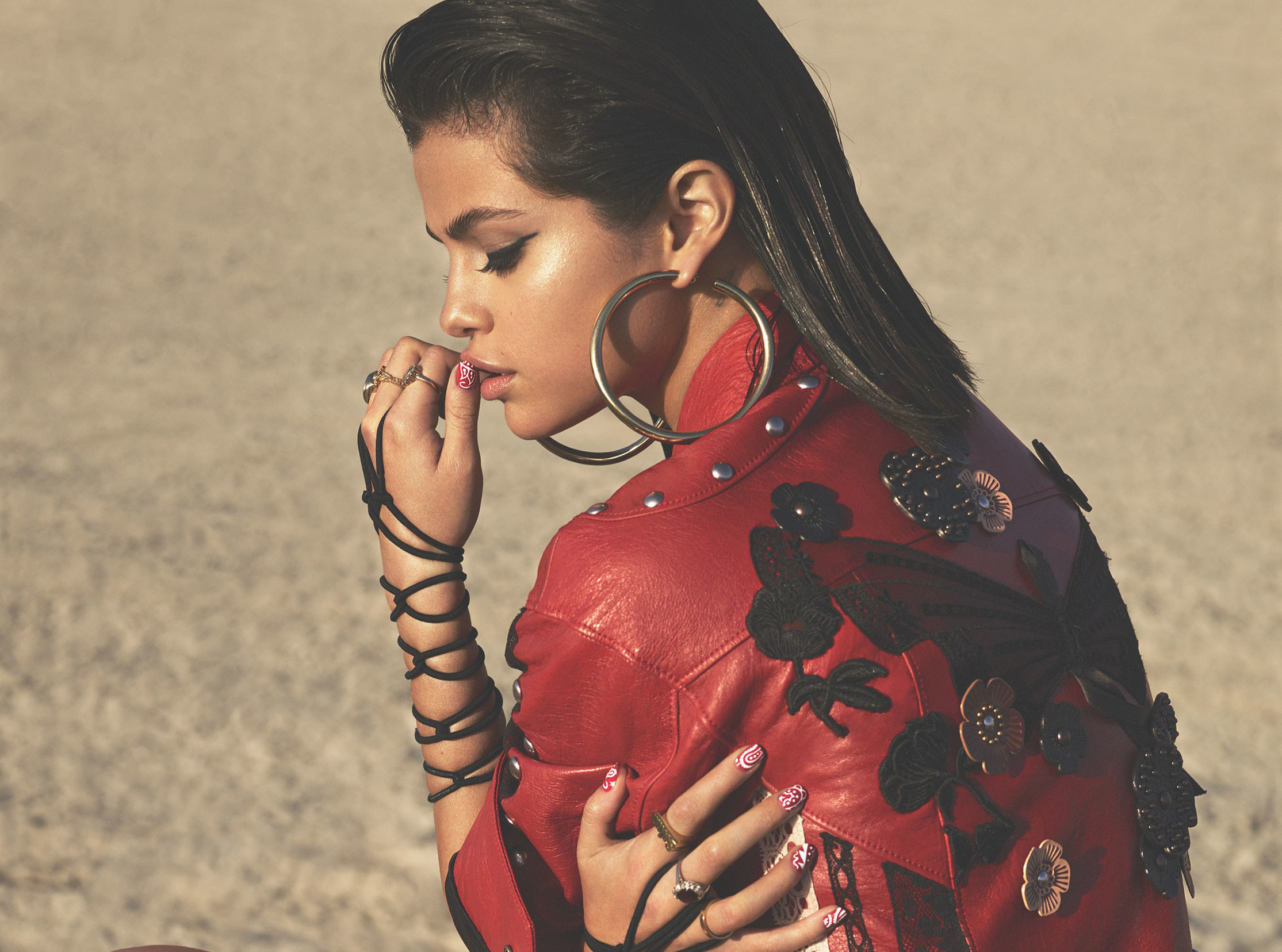 Selena Gomez in Red Leather Jacket HD Wallpaper