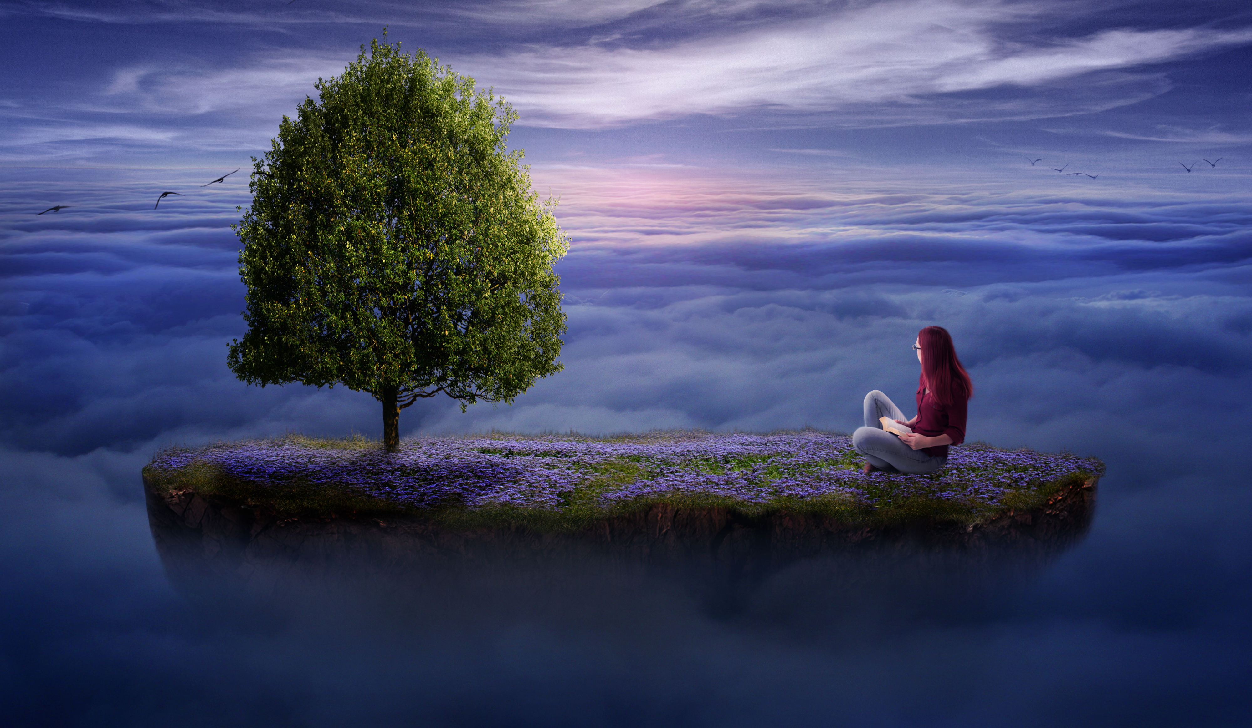 4K Island with Tree and Woman Reading HD Wallpaper