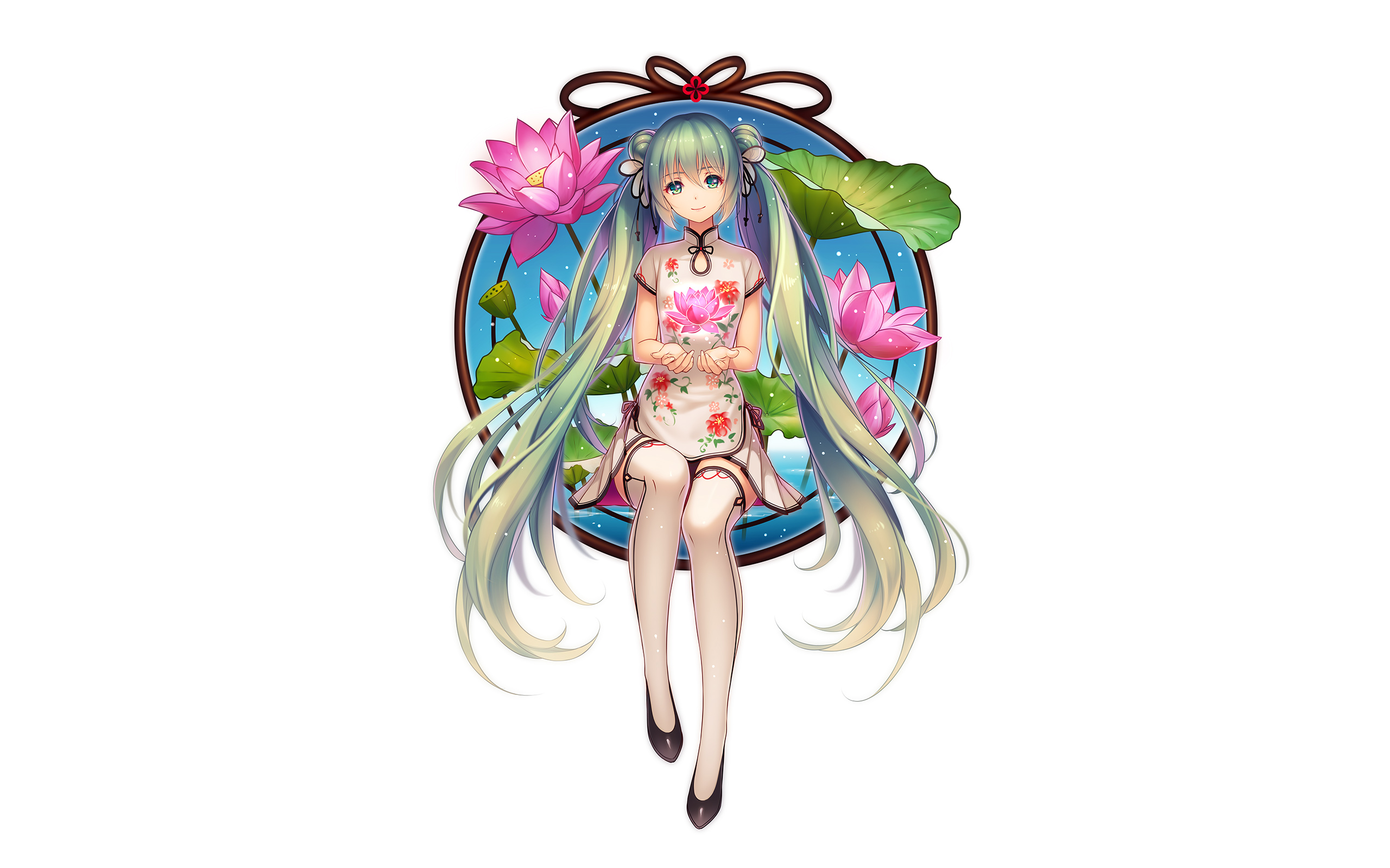 Hatsune Miku with Lotuses HD Wallpaper