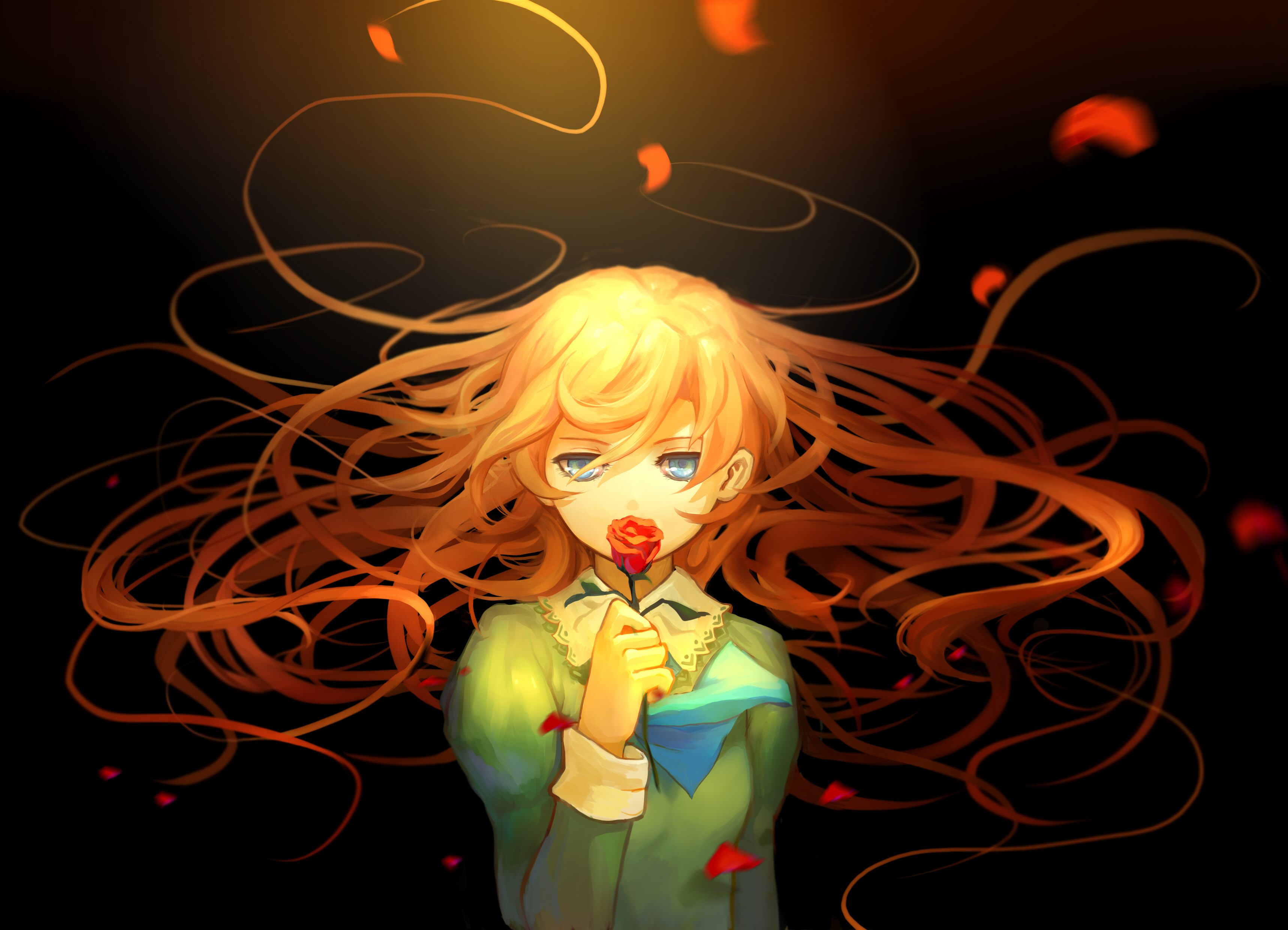 Anime girl with orange hair holding a red rose HD Wallpaper