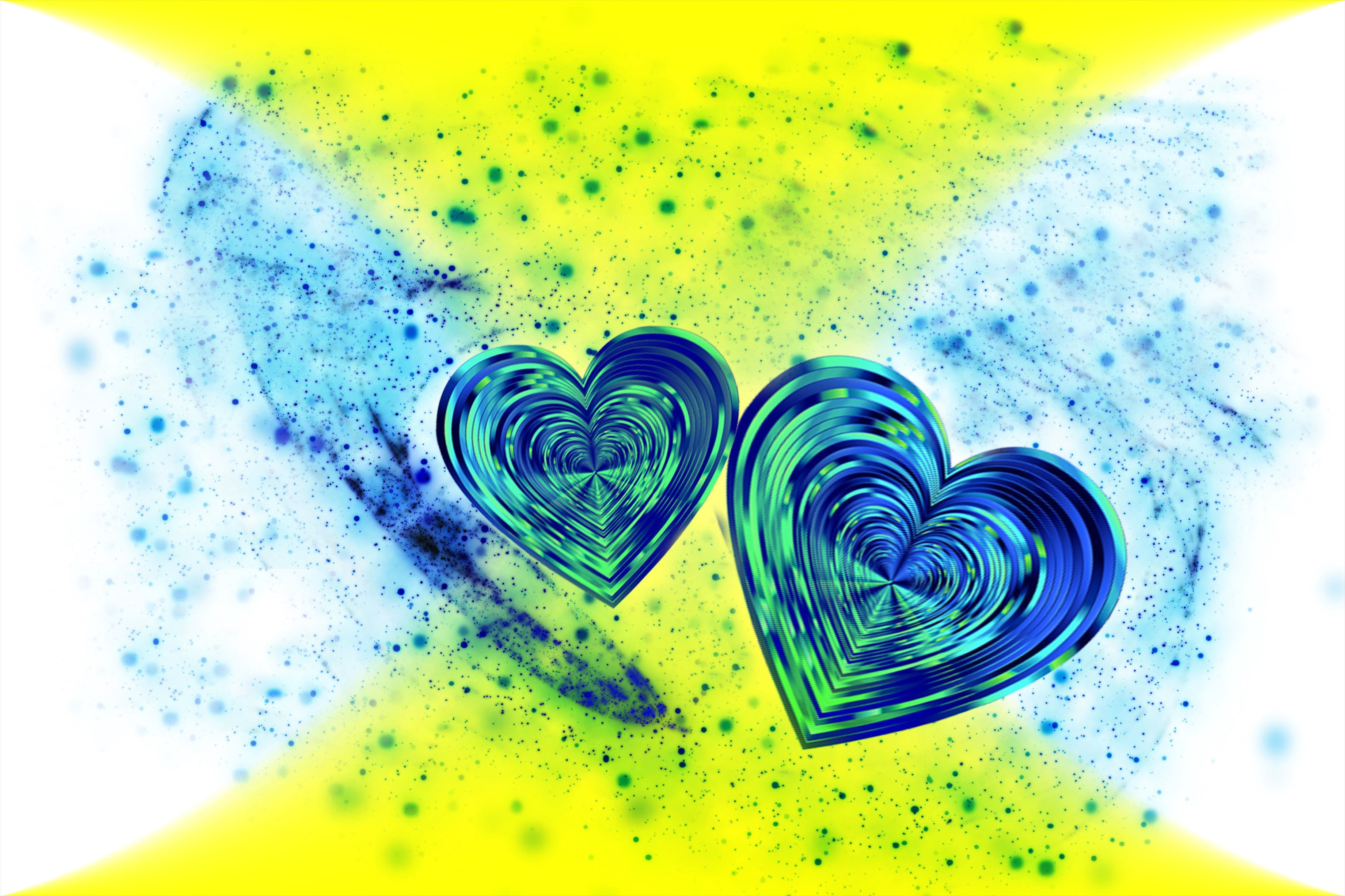 Two abstract blue and green hearts with yellow and blue background HD Wallpaper