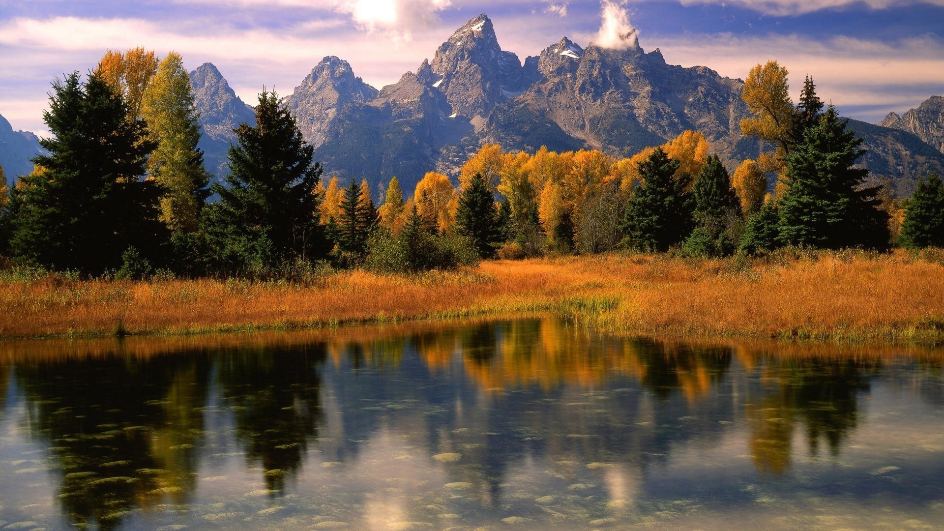 Autumn landscape with mountains and lake reflection HD Wallpaper