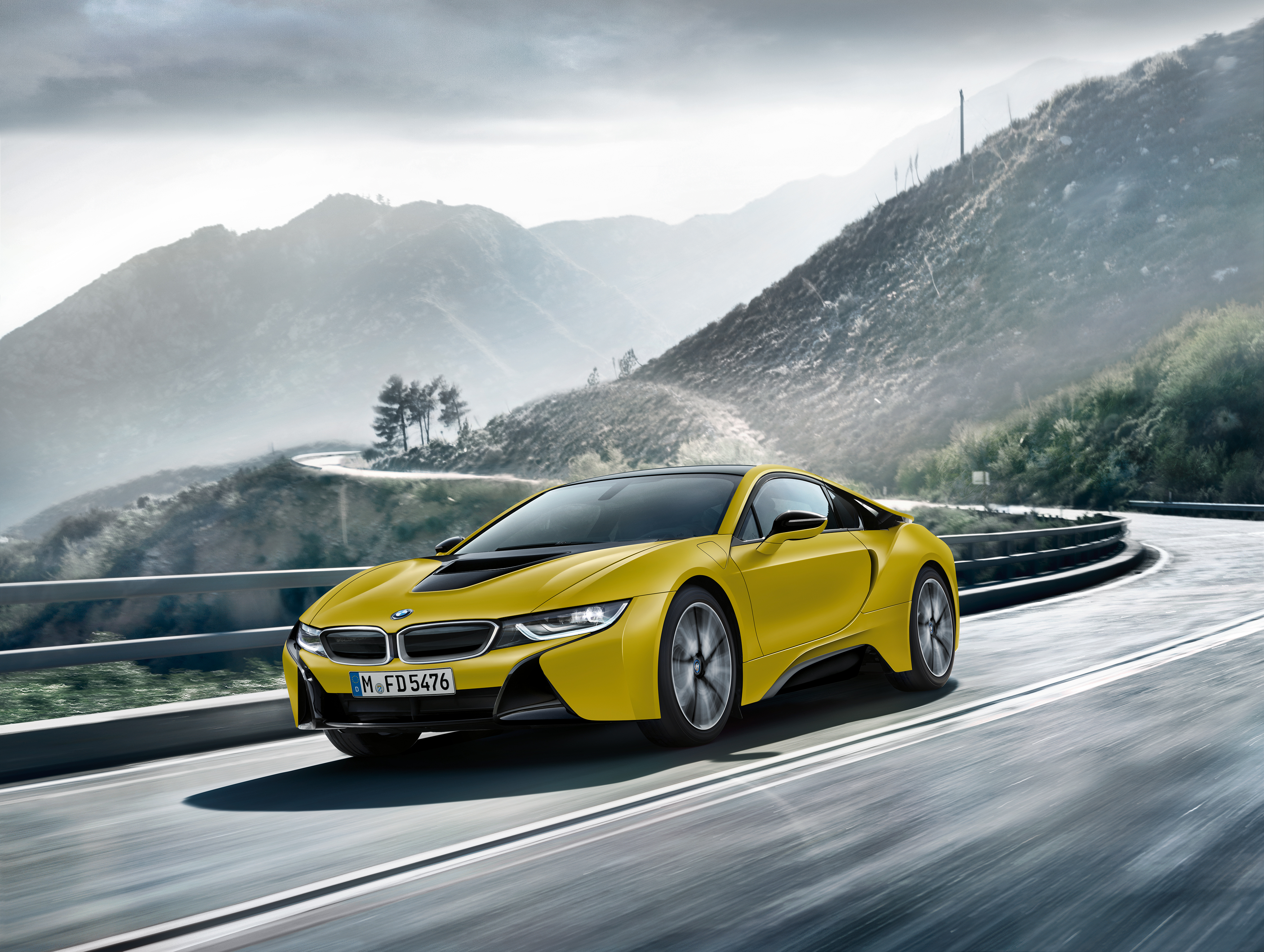 BMW i8 Frozen Yellow Edition on a Mountain Road HD Wallpaper