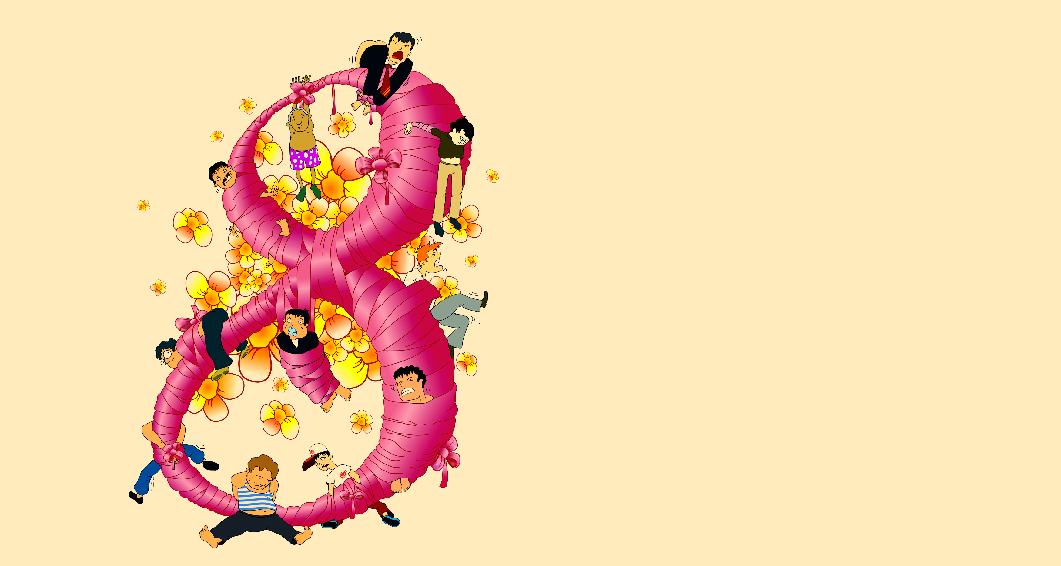 Cartoon men wrapped in pink ribbon with flowers HD Wallpaper