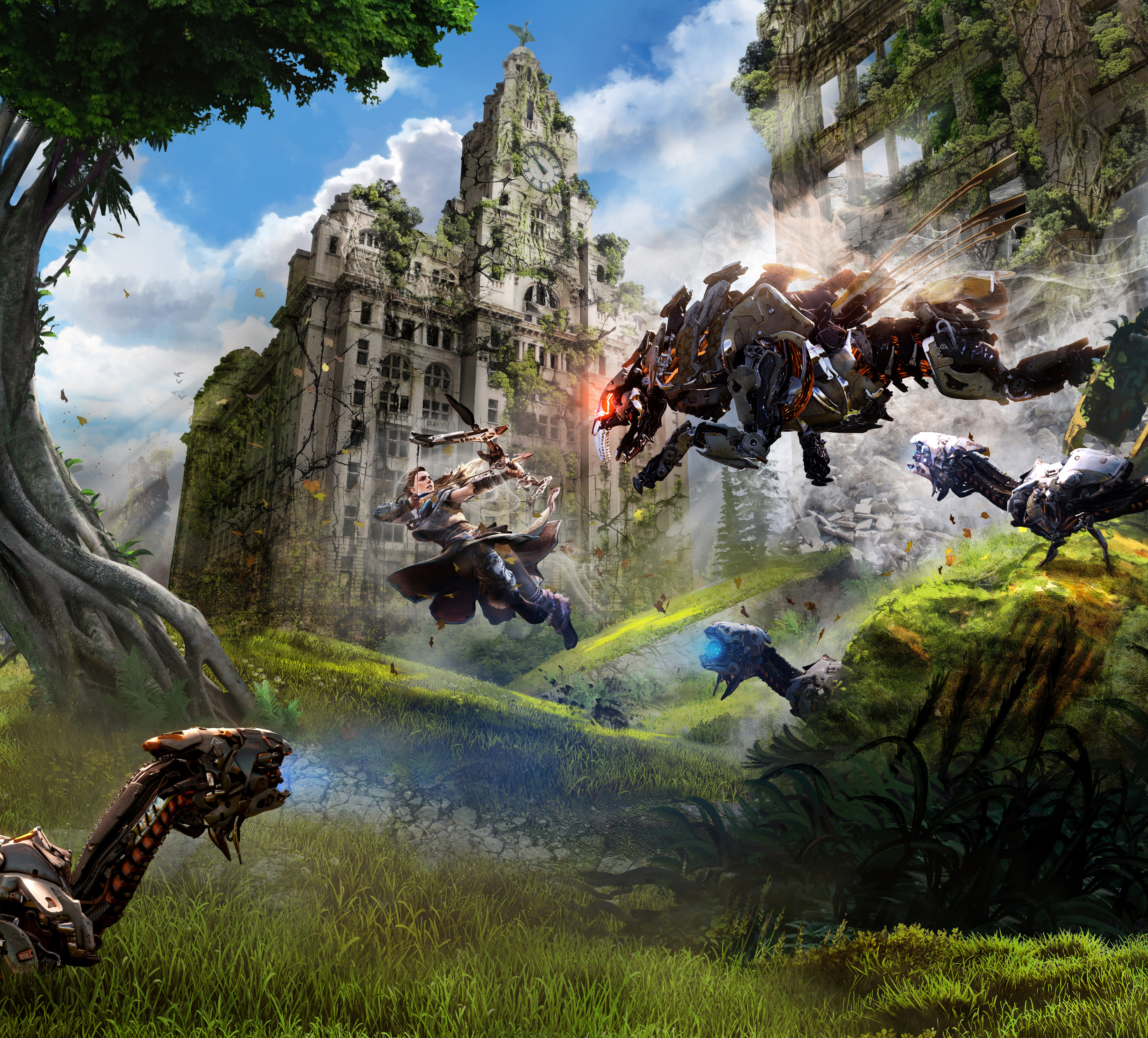 Aloy from Horizon Zero Dawn fighting Ravagers HD Wallpaper