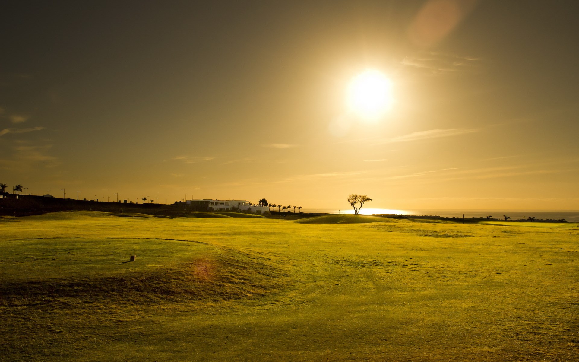 Golf course at sunset with ocean view HD Wallpaper