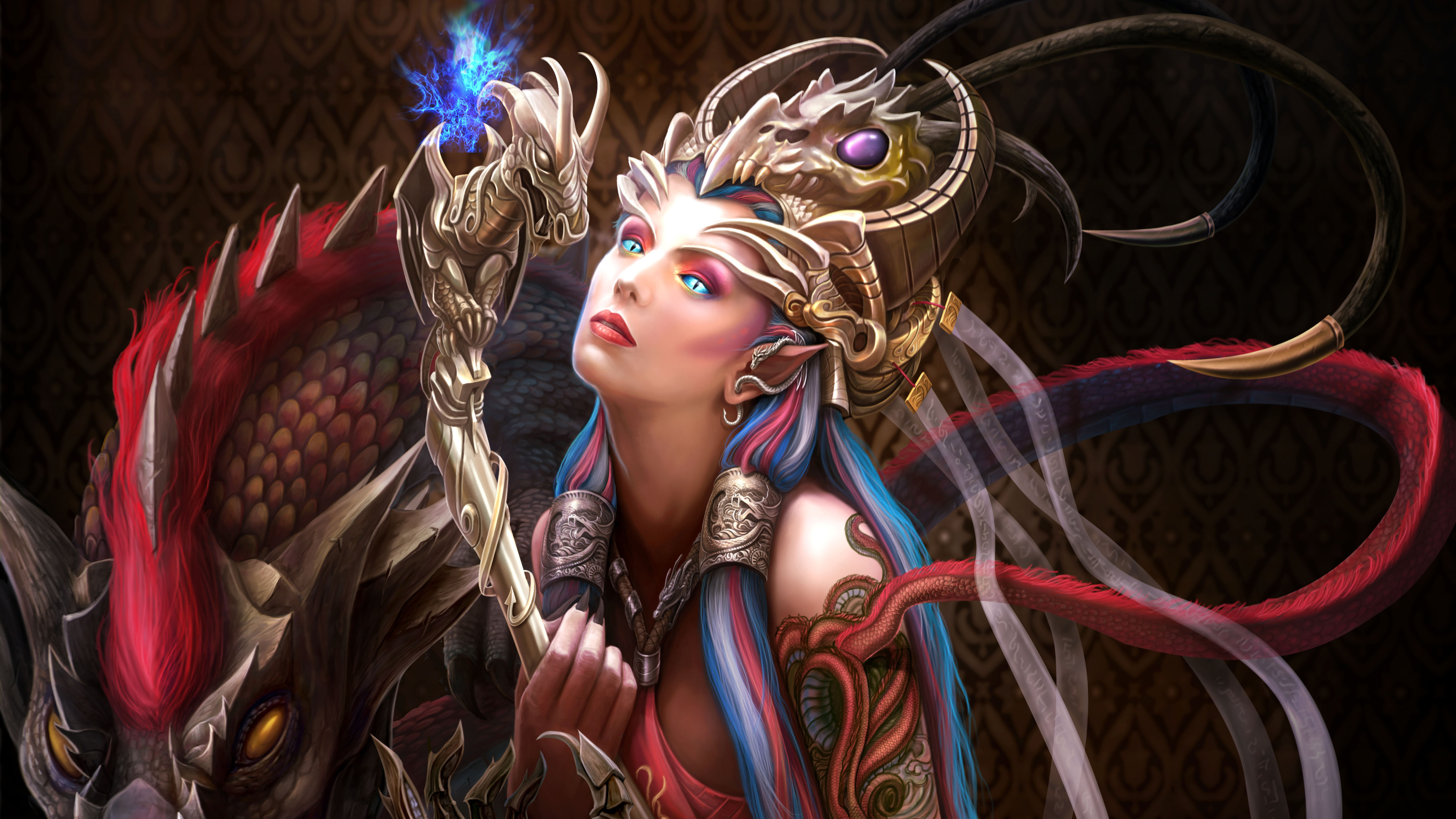 Dragon Witch with Staff and Companion HD Wallpaper