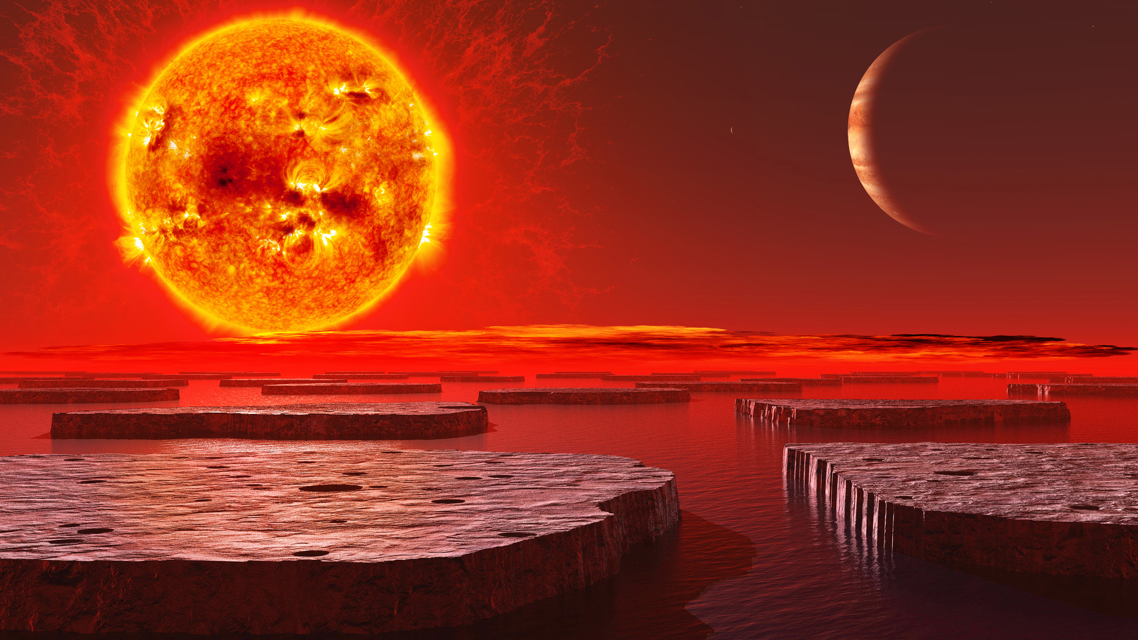Alien planet with a large sun and gas giant HD Wallpaper