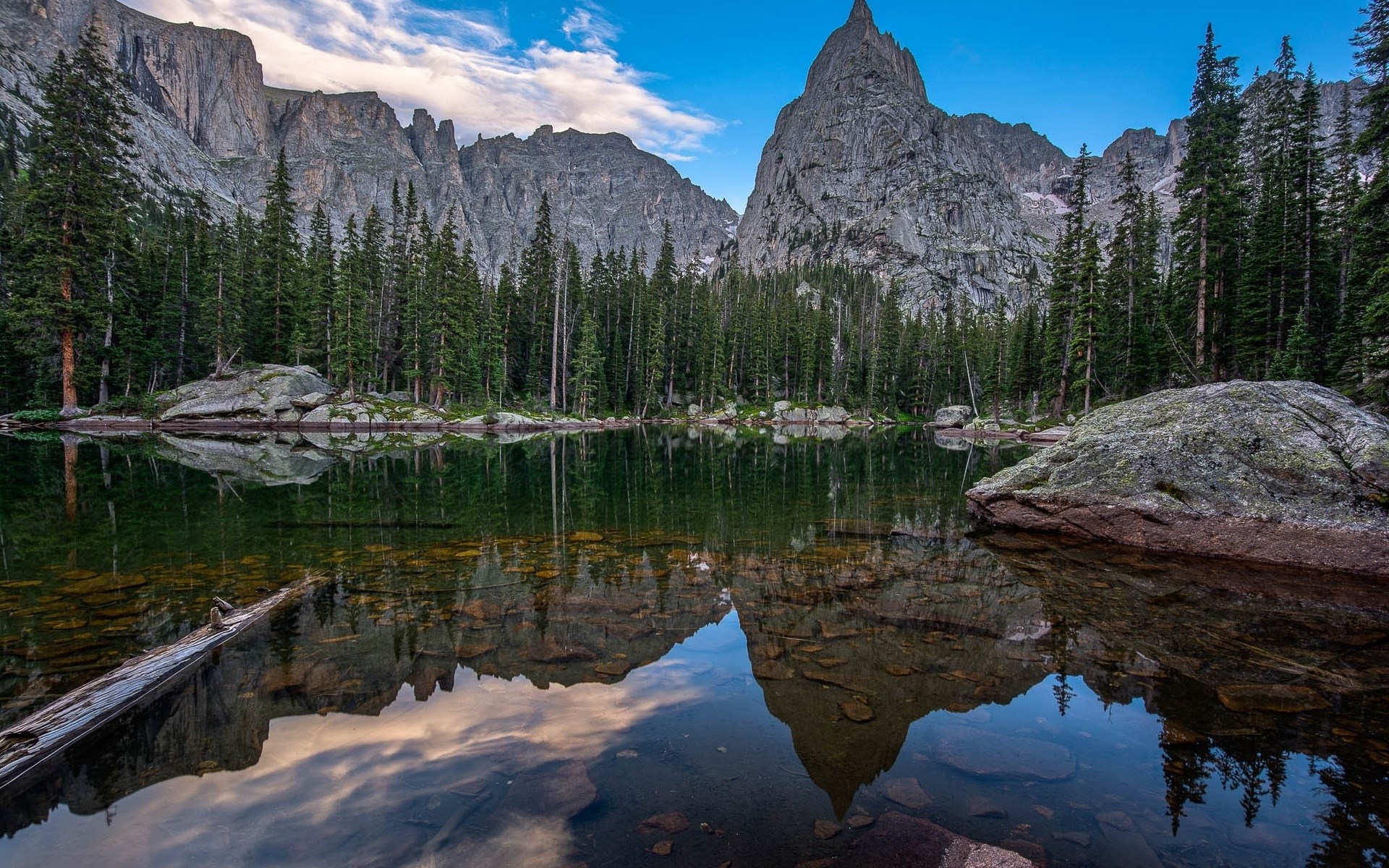 Mountain lake reflection with pine trees and rocky peaks HD Wallpaper
