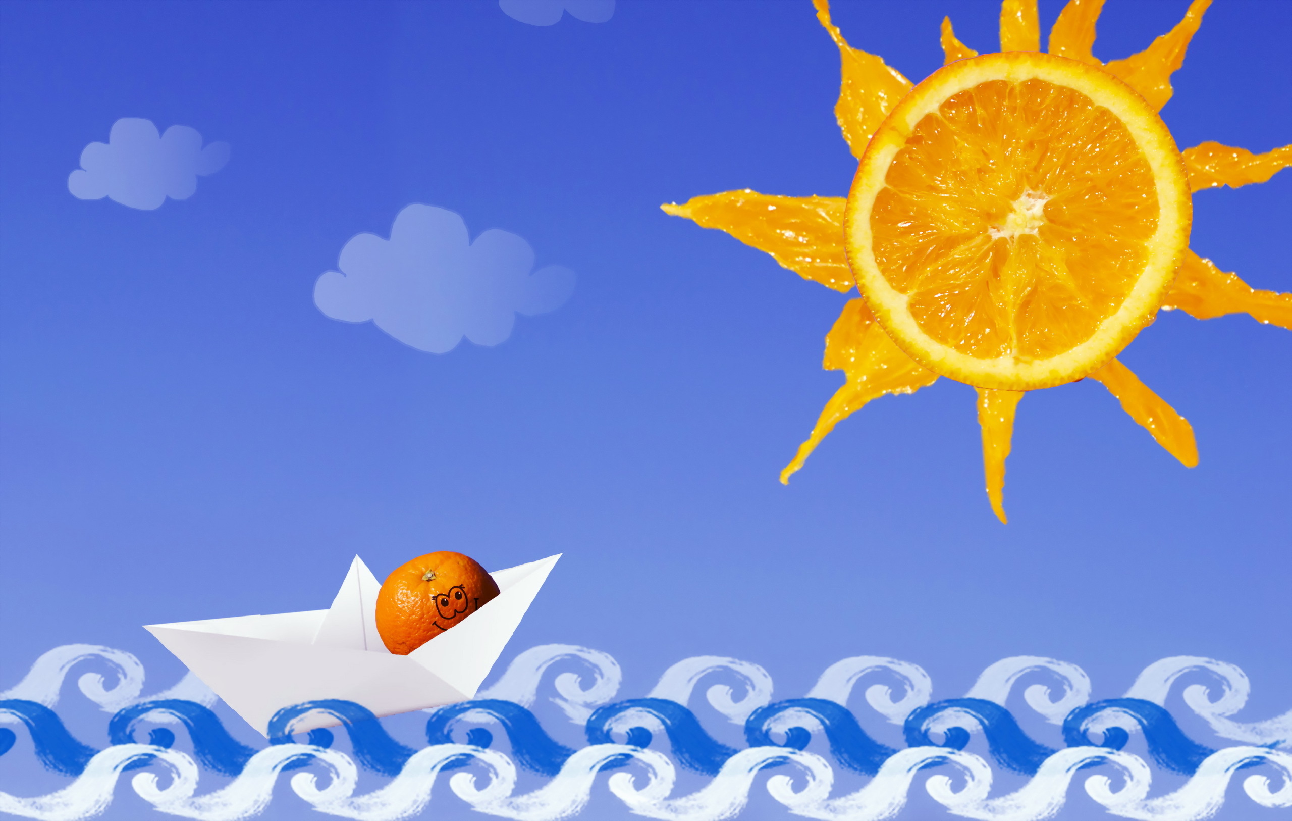 Orange in a paper boat under the sun HD Wallpaper