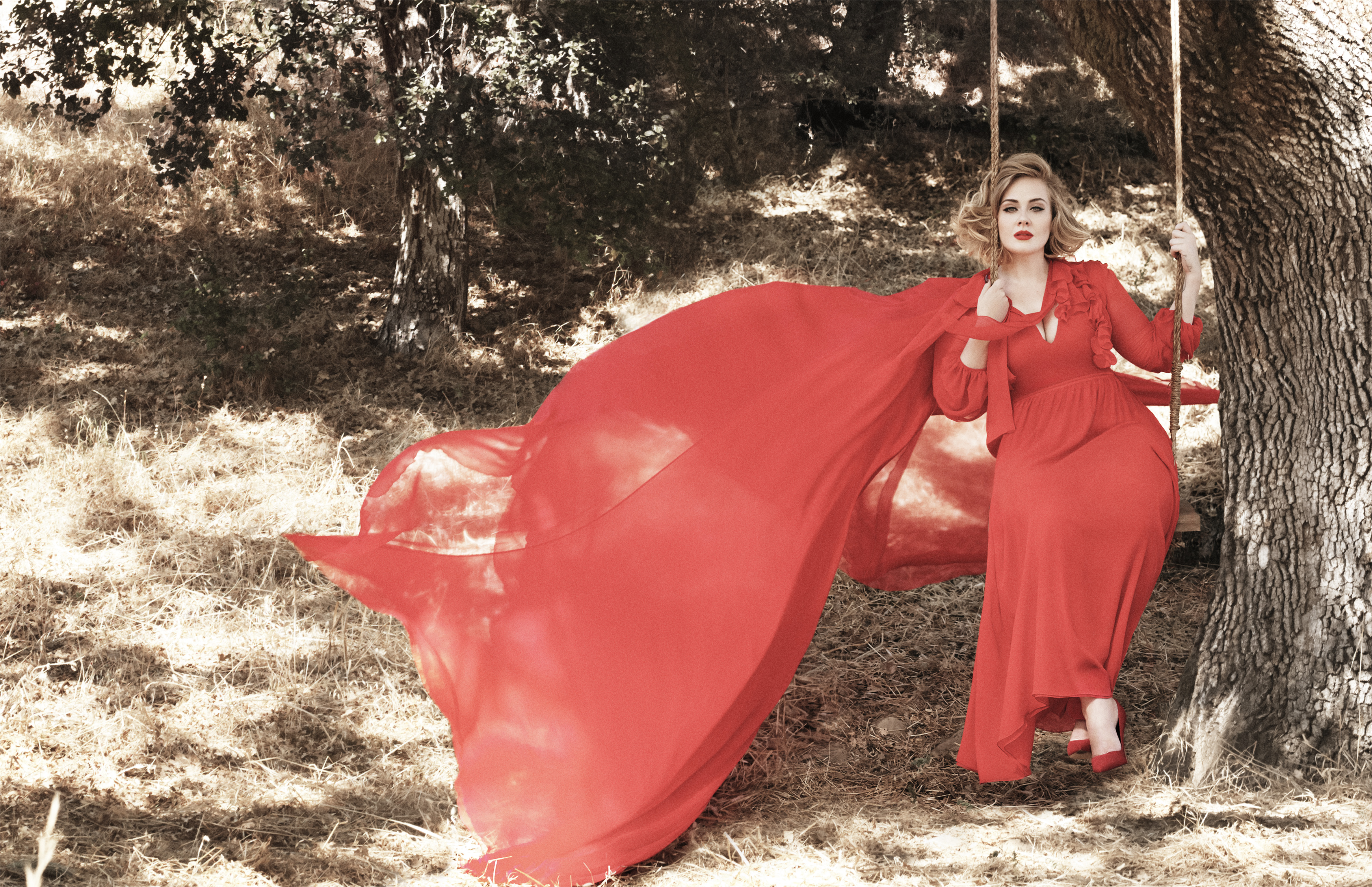 Adele on a swing in a red dress HD Wallpaper
