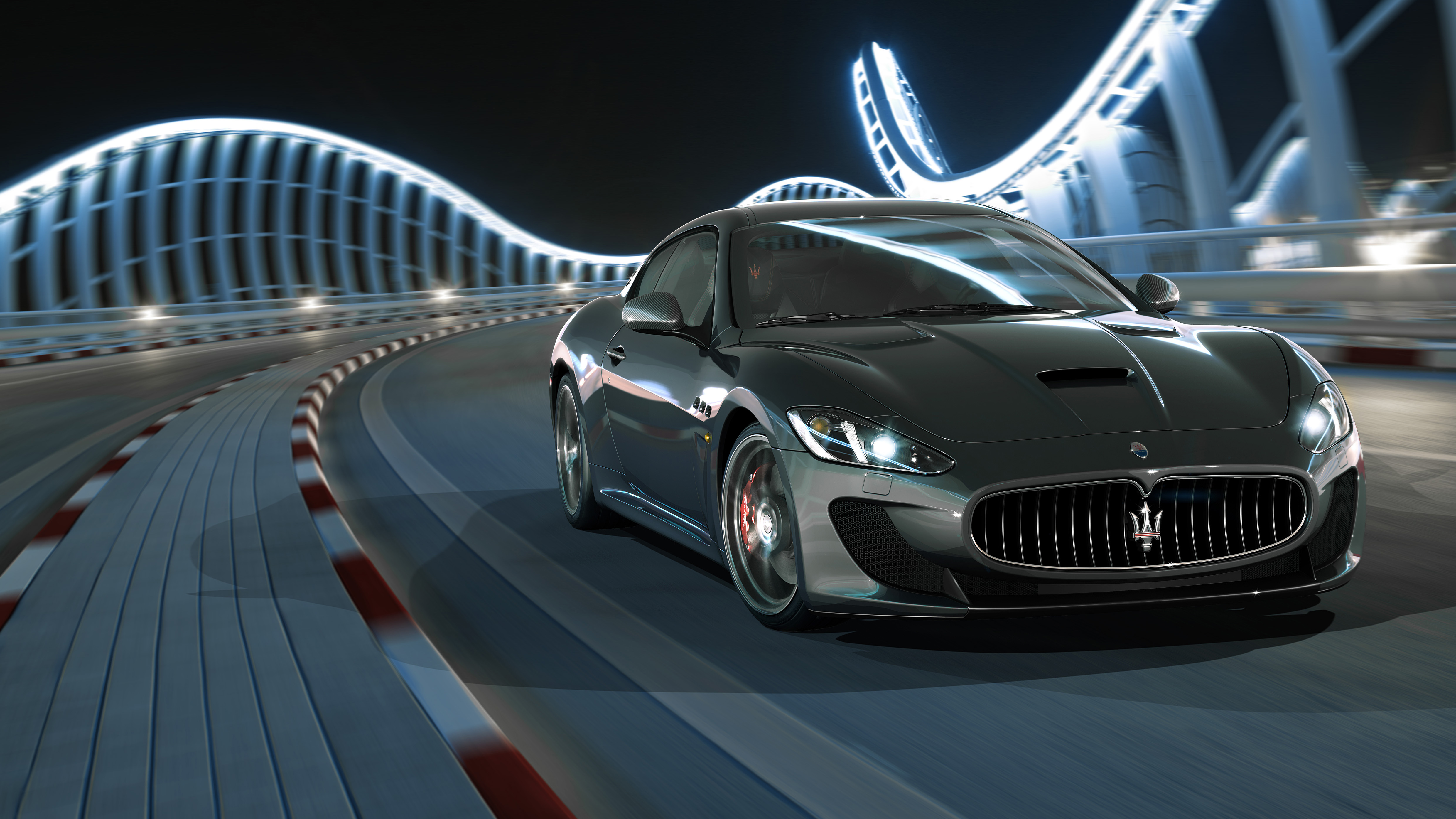 4K Maserati GranTurismo on a race track at night HD Wallpaper