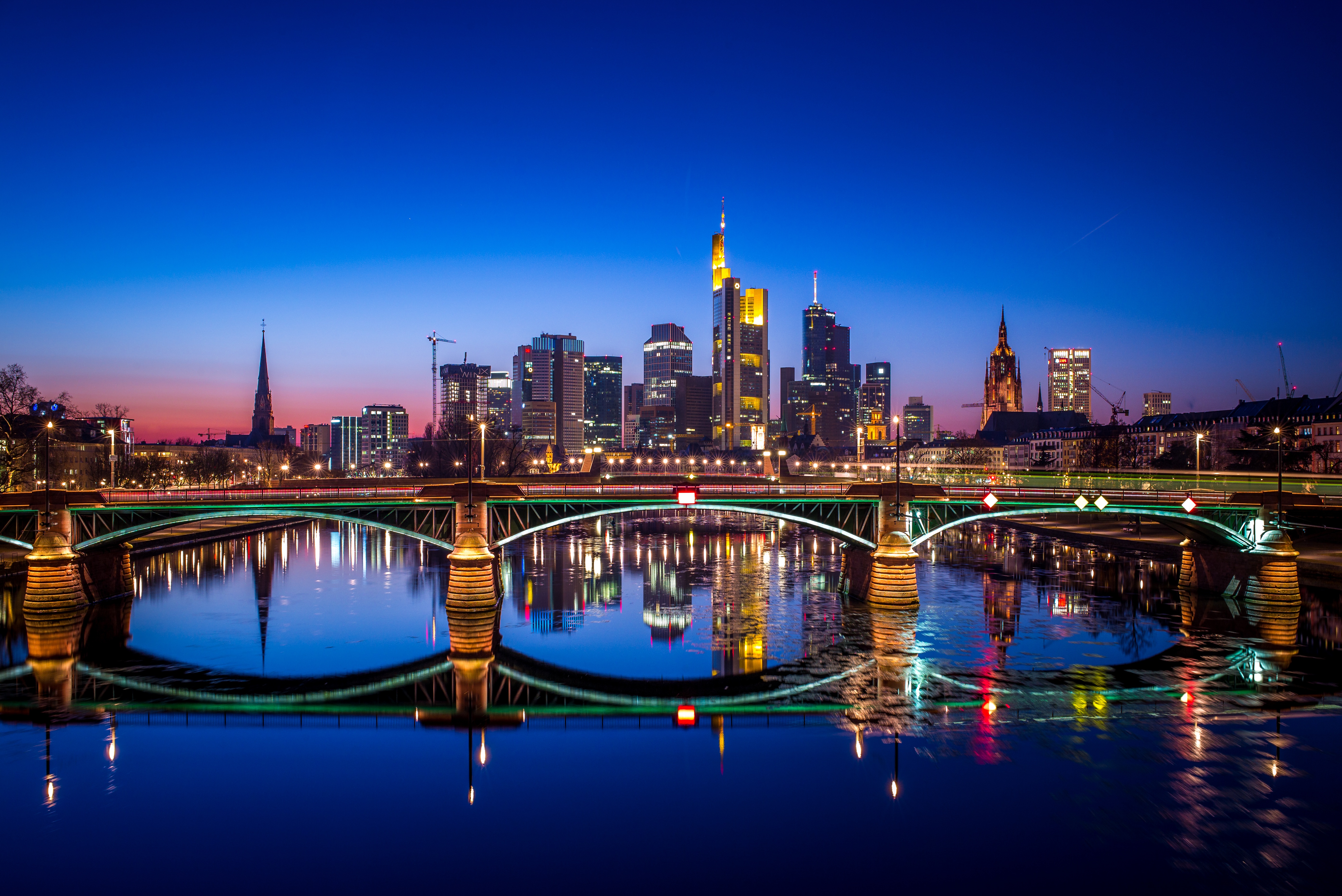 Frankfurt skyline and bridge at night 4K HD Wallpaper