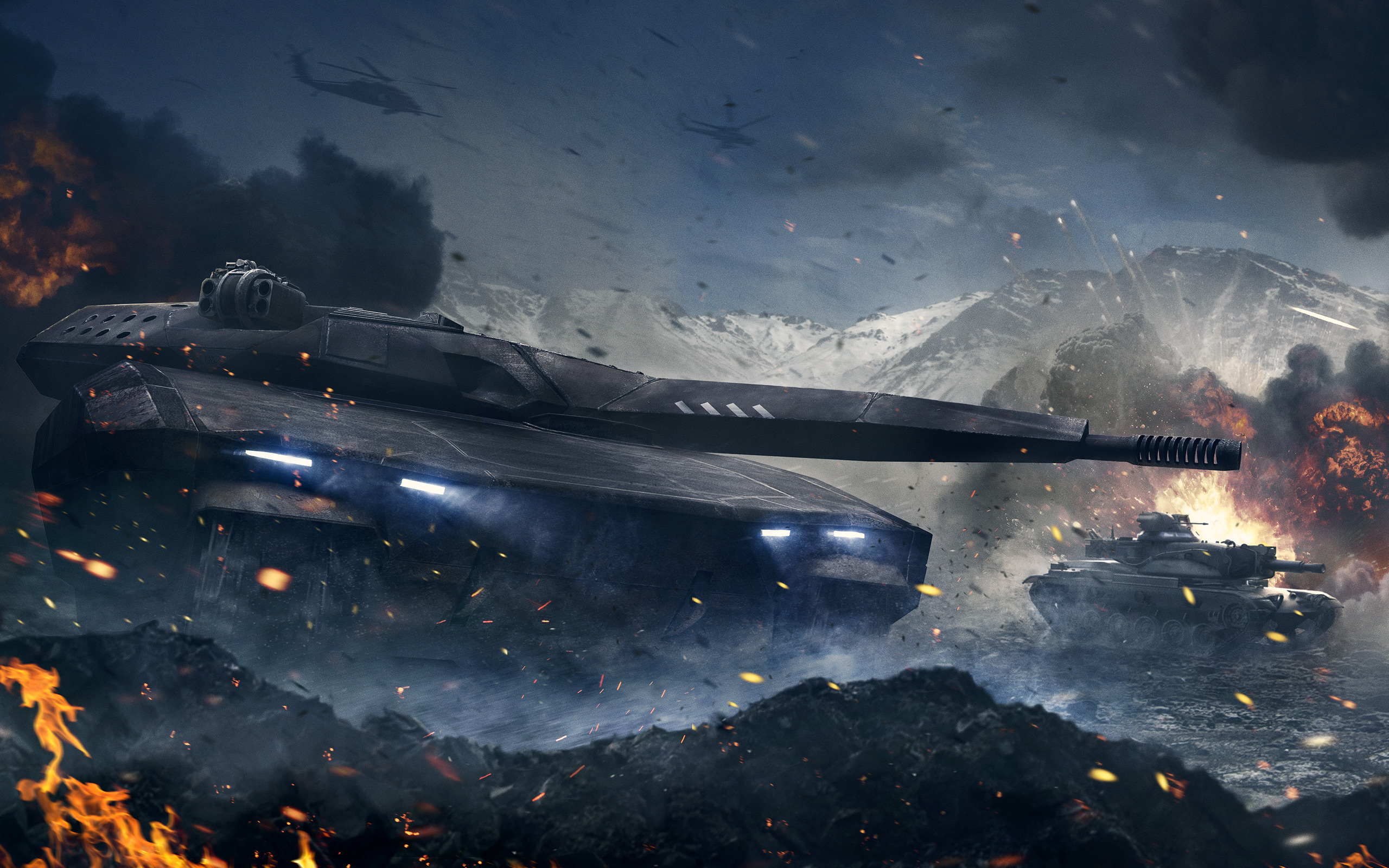 Futuristic tank battle in a snowy mountain landscape HD Wallpaper