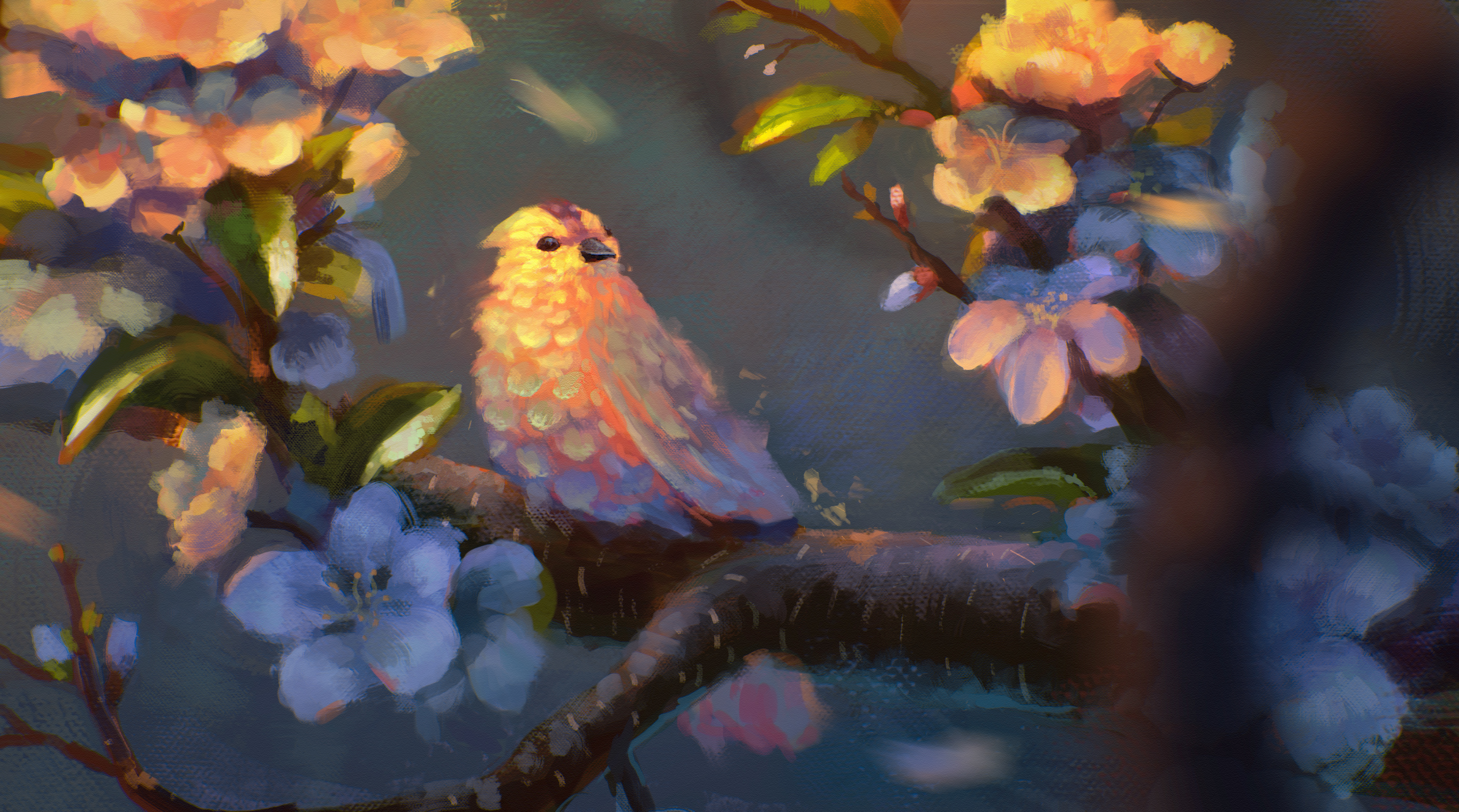 Pretty bird on a branch with flowers HD Wallpaper
