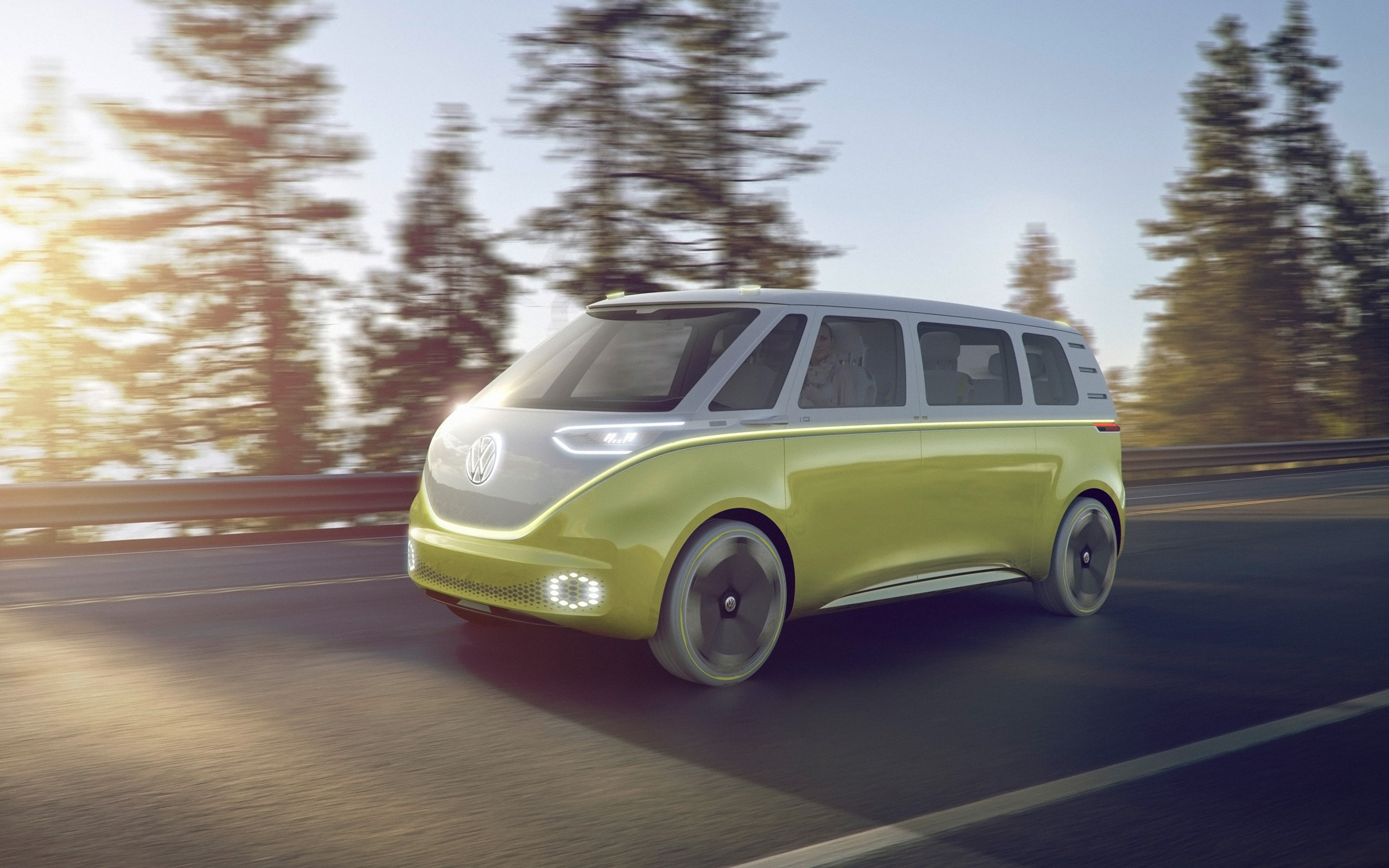 Volkswagen I.D. Buzz concept van on a road HD Wallpaper