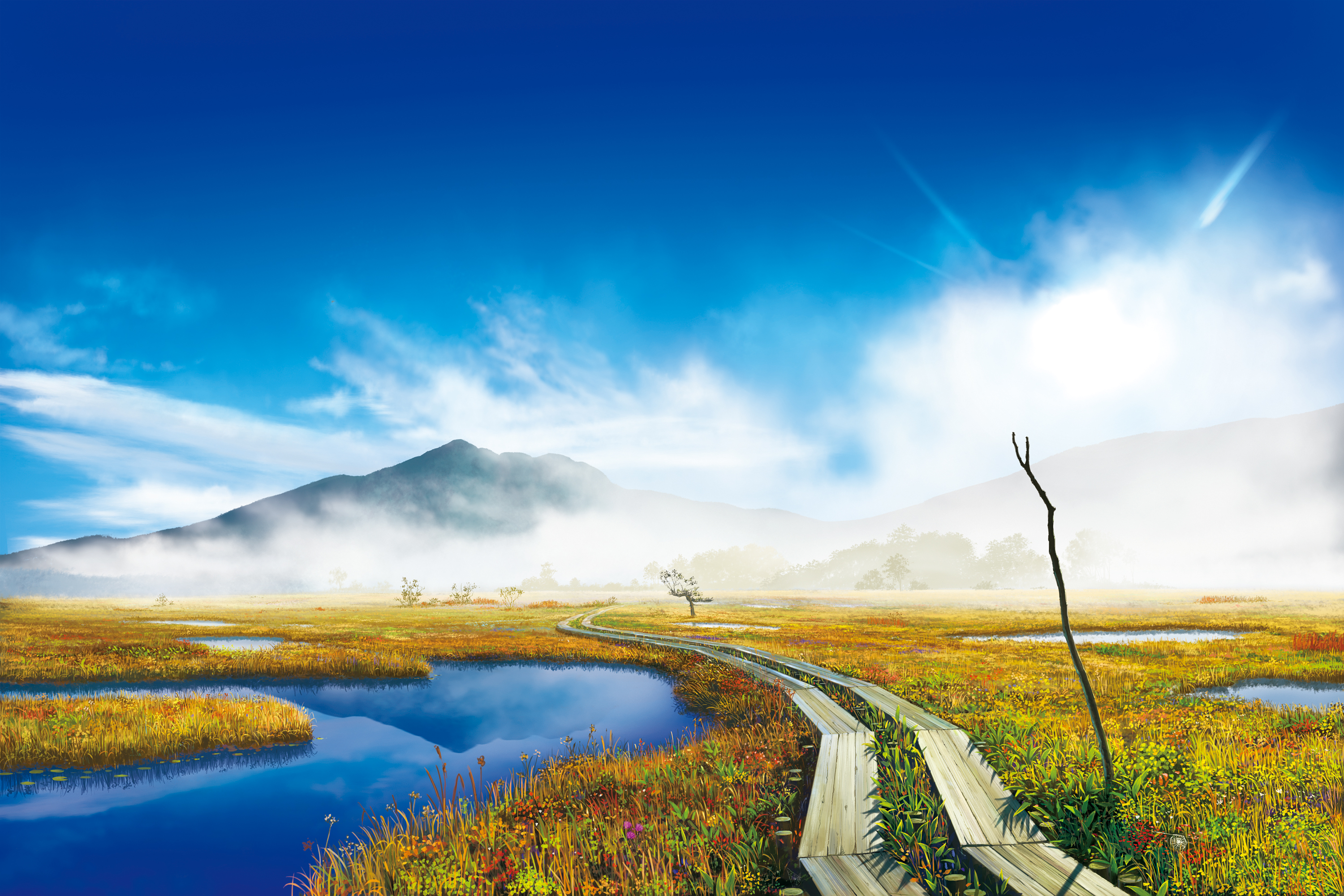 Wooden boardwalk through a misty marshland with mountains HD Wallpaper