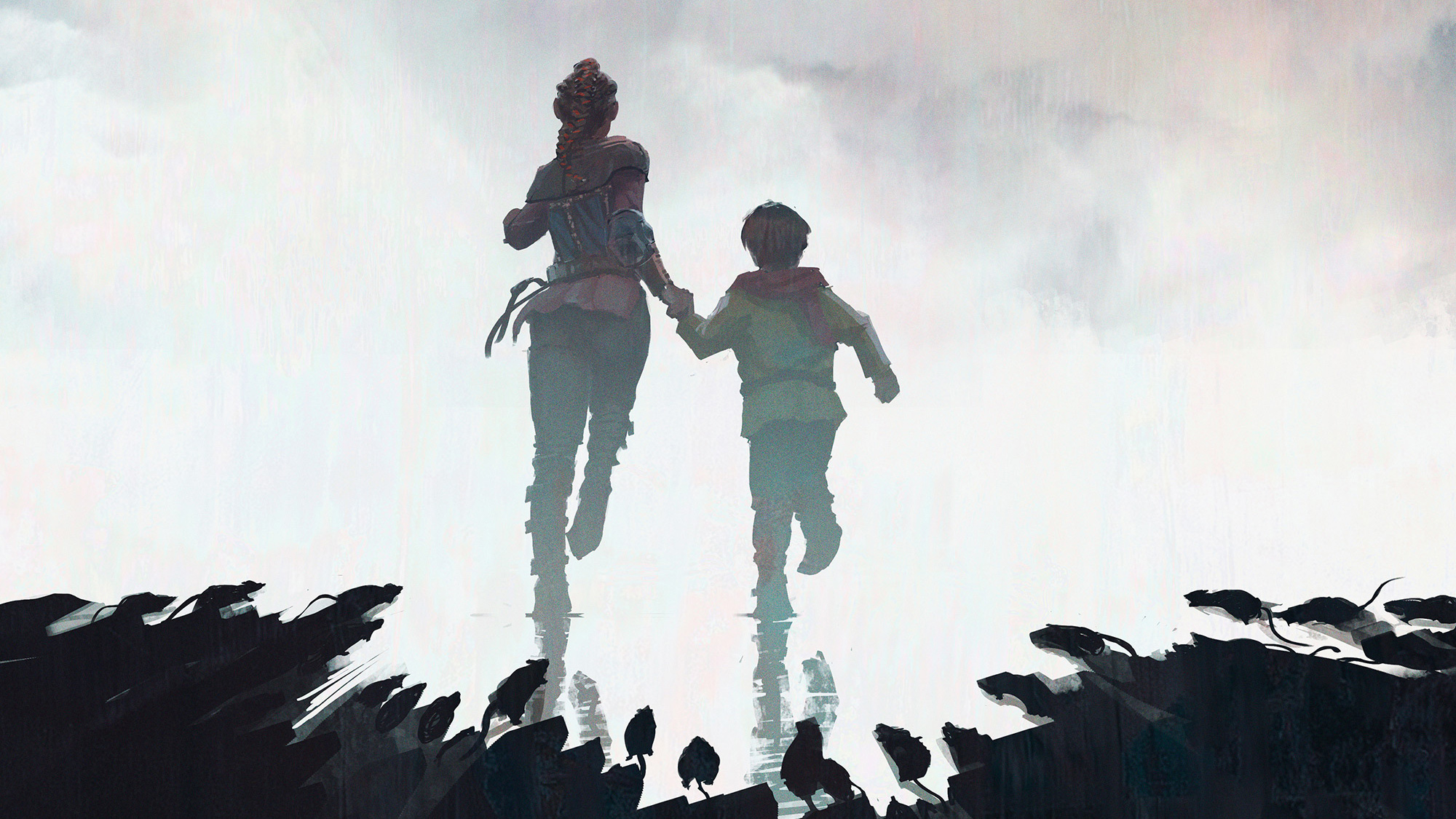 Amicia and Hugo running from rats in The Plague HD Wallpaper