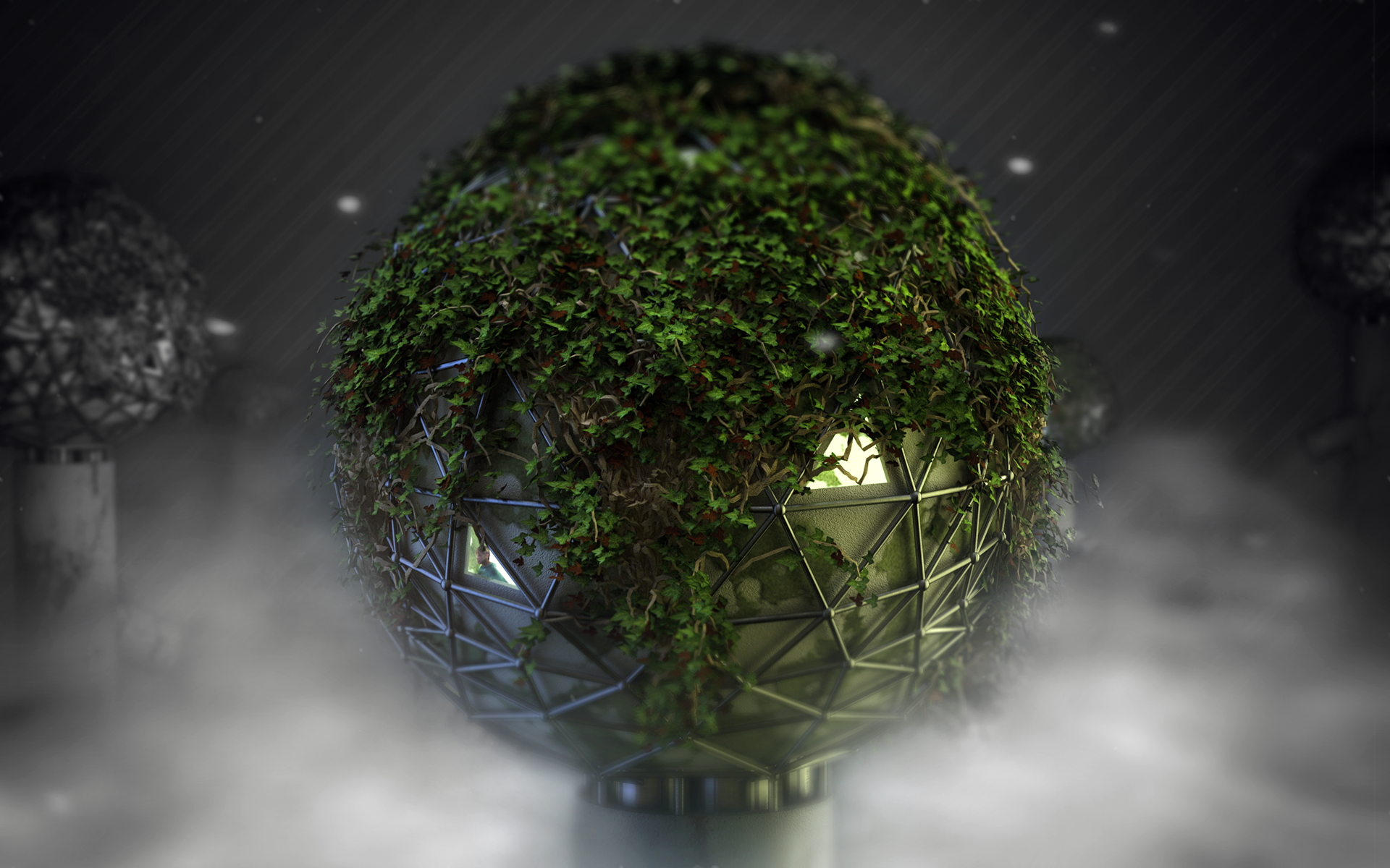 Geodesic spheres covered in vines with glowing windows HD Wallpaper