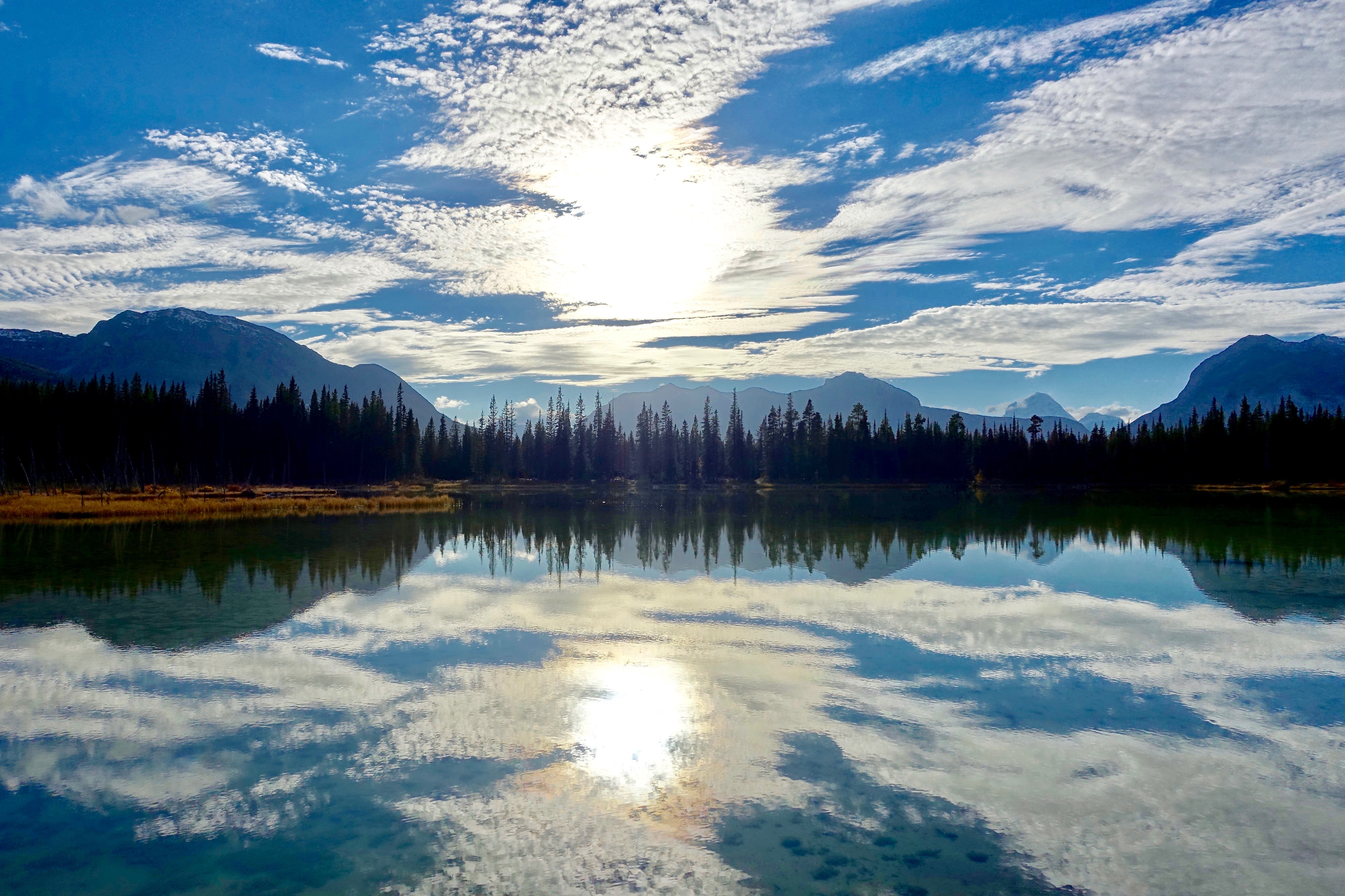 Lake reflection of mountains and pine trees under a cloudy sky HD Wallpaper