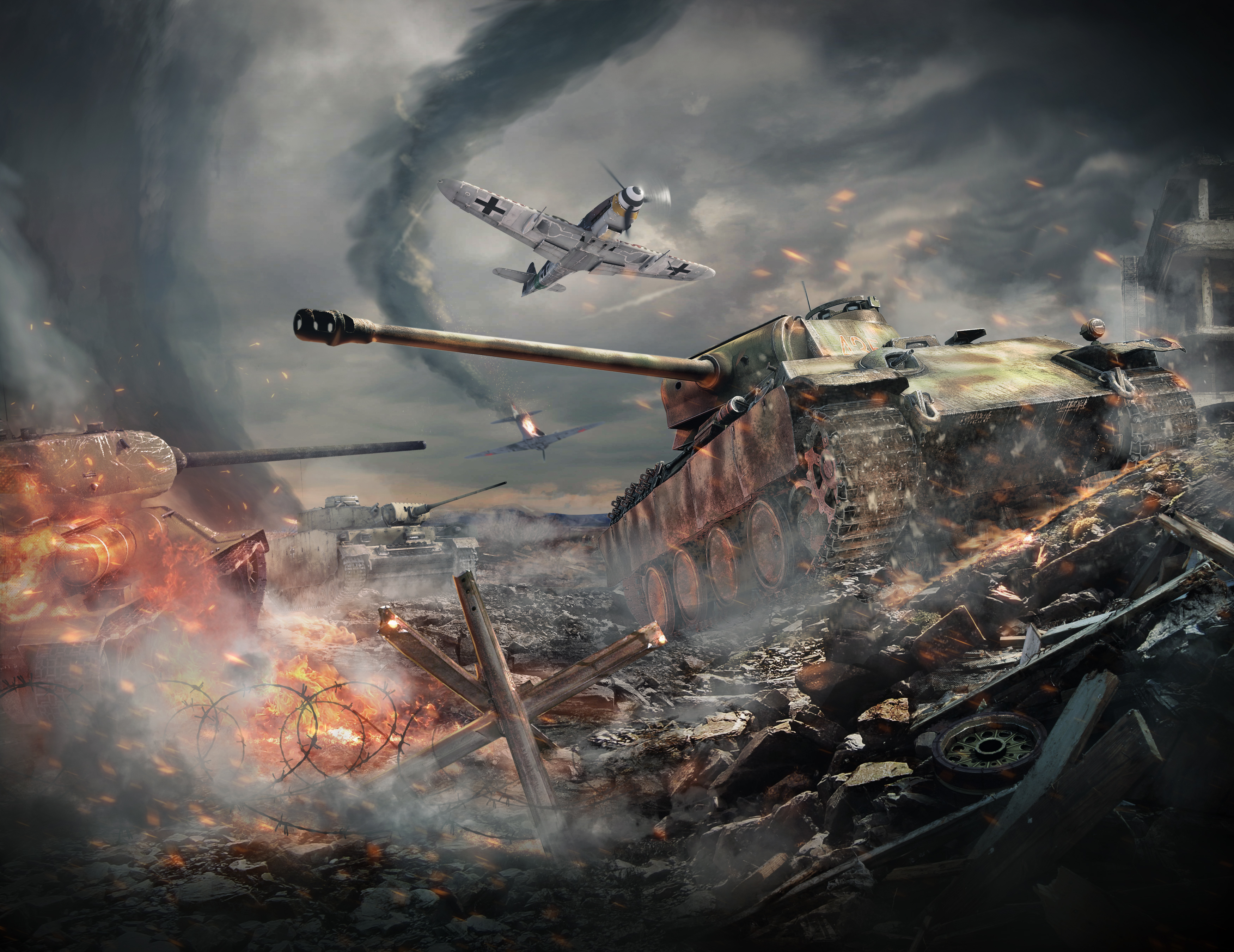 Battle scene with tanks and airplanes HD Wallpaper