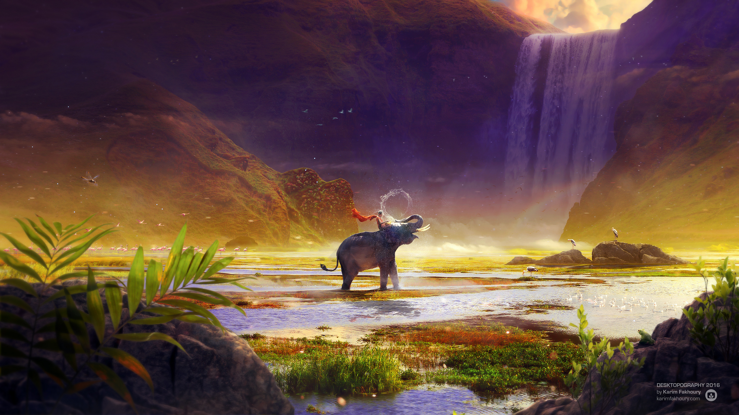 Elephant and rider by a waterfall in a mythical landscape HD Wallpaper