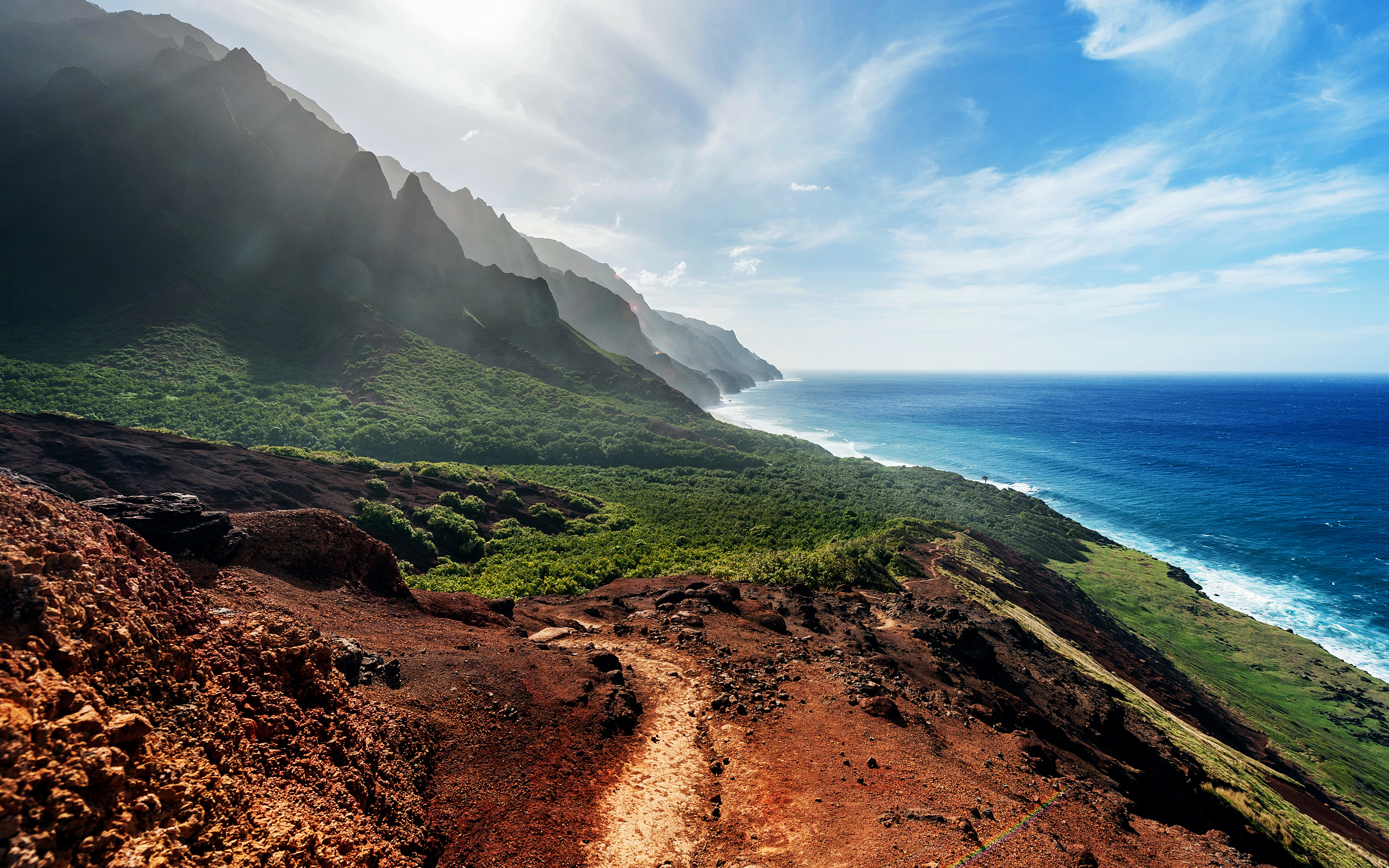 Coastal mountains and ocean on a sunny day HD Wallpaper