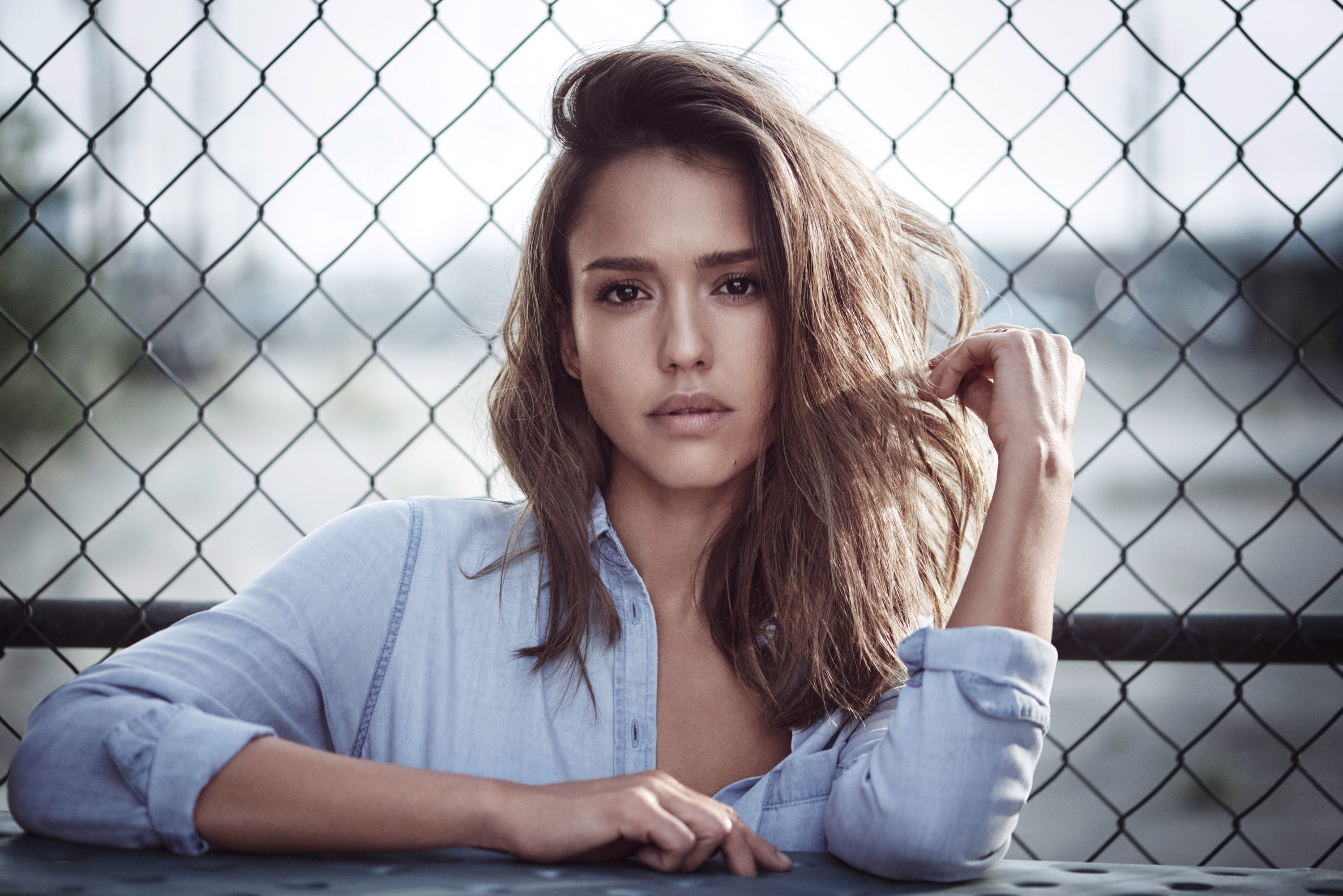 Jessica Alba in a blue shirt HD Wallpaper