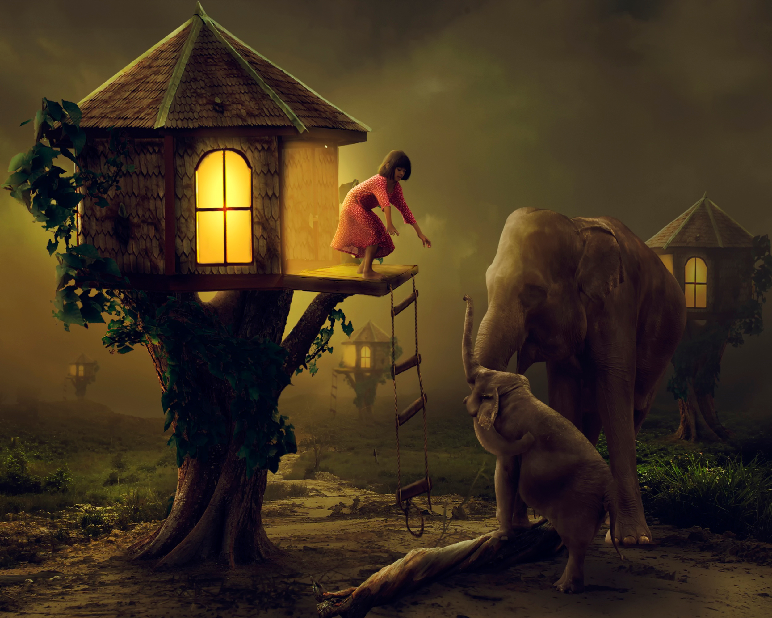 Girl and elephants near tree houses HD Wallpaper