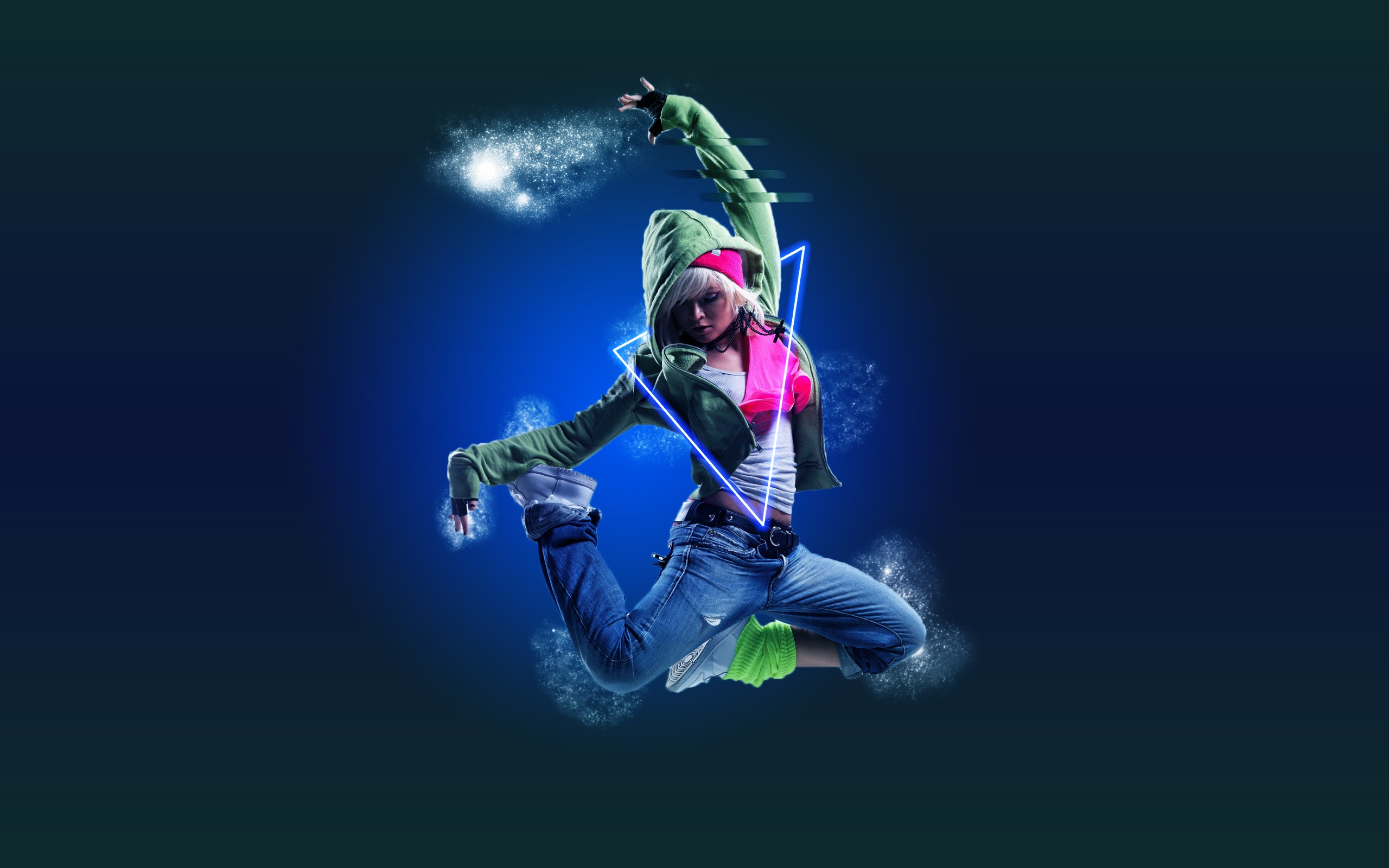 Female dancer in mid-air with neon triangle HD Wallpaper