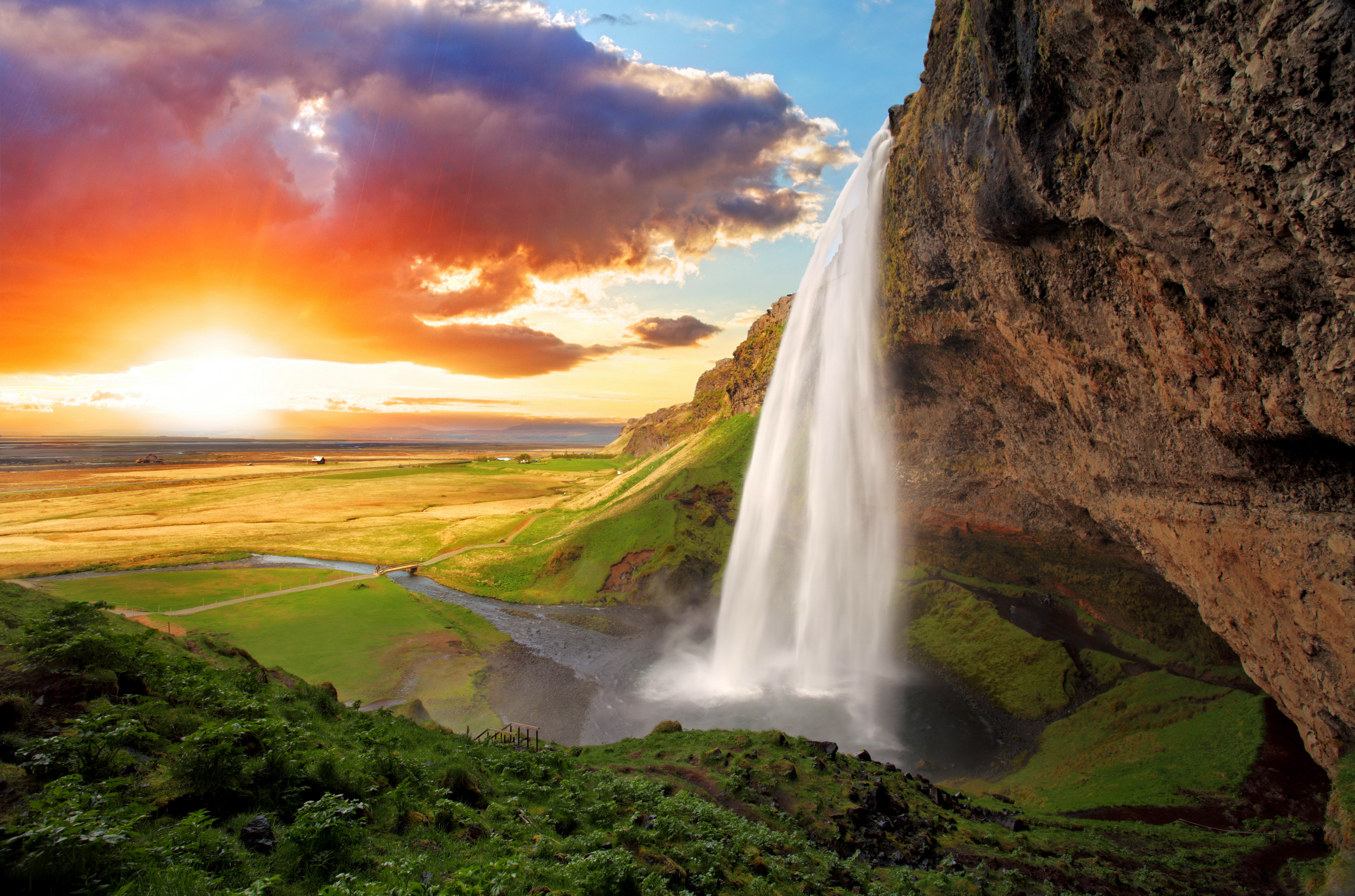 Seljalandsfoss Waterfall in Iceland at Sunset 4K HD Wallpaper