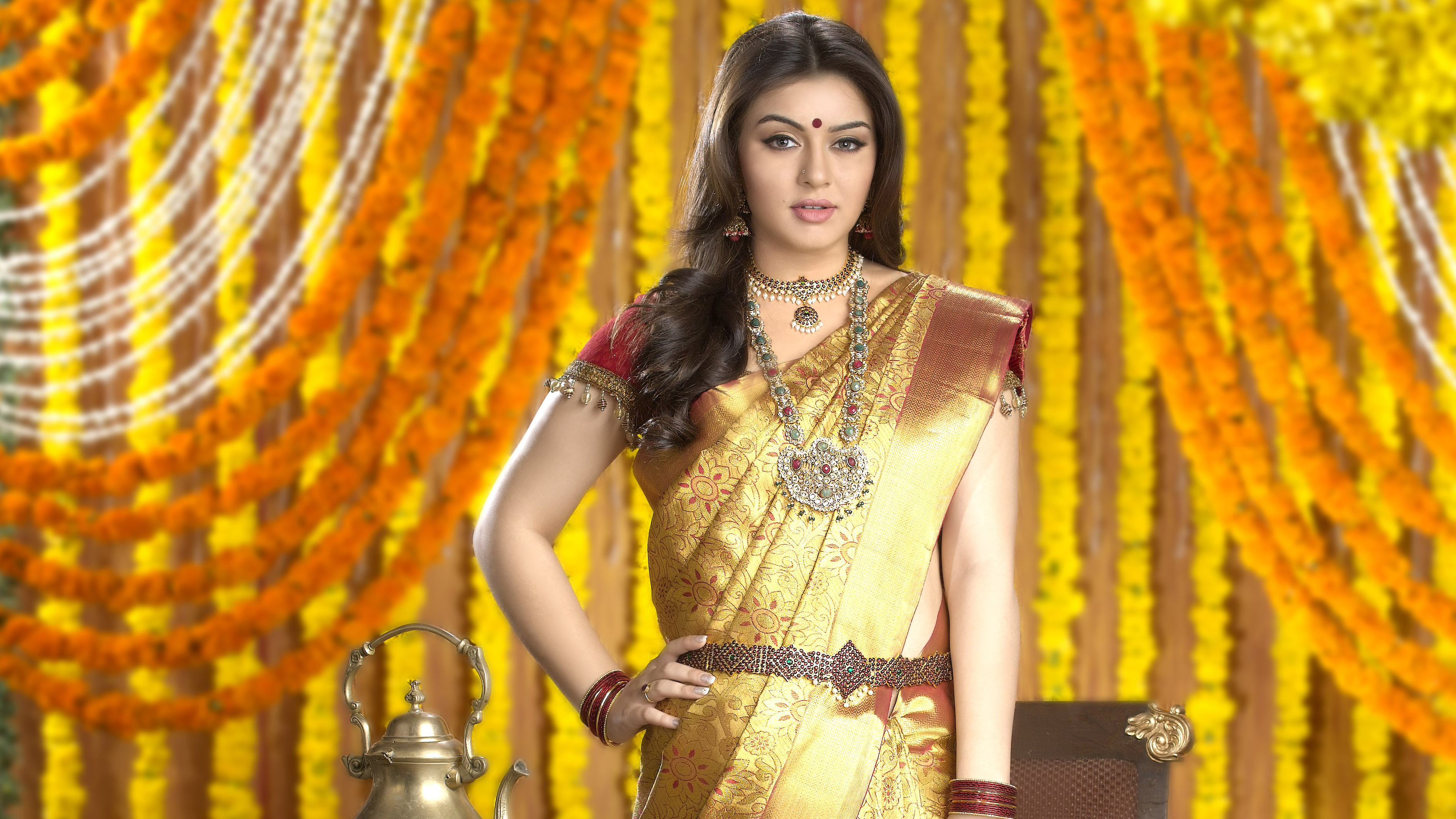 Hansika Motwani in Traditional Saree HD Wallpaper