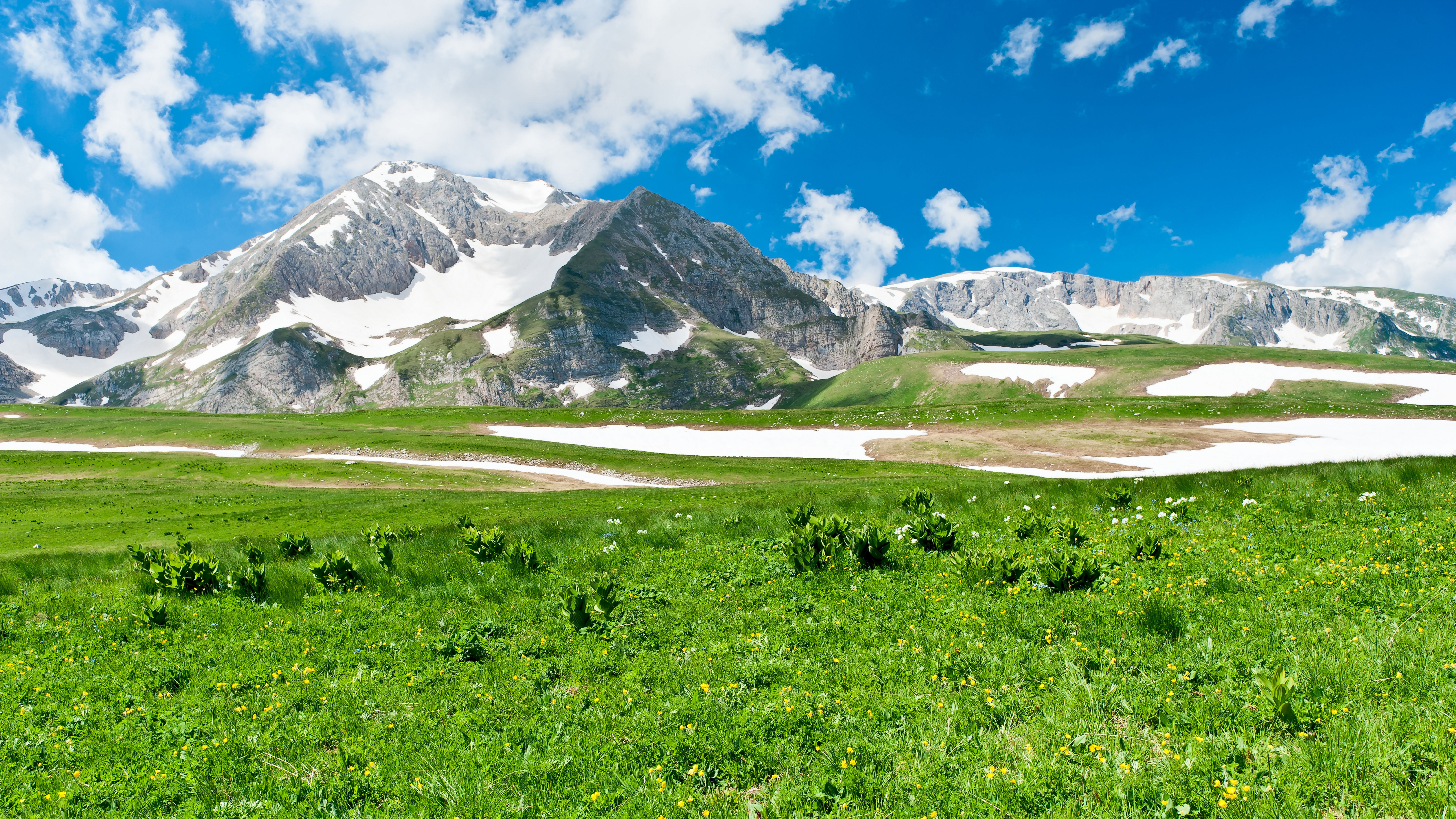 Snow mountains and green landscape with blue sky HD Wallpaper