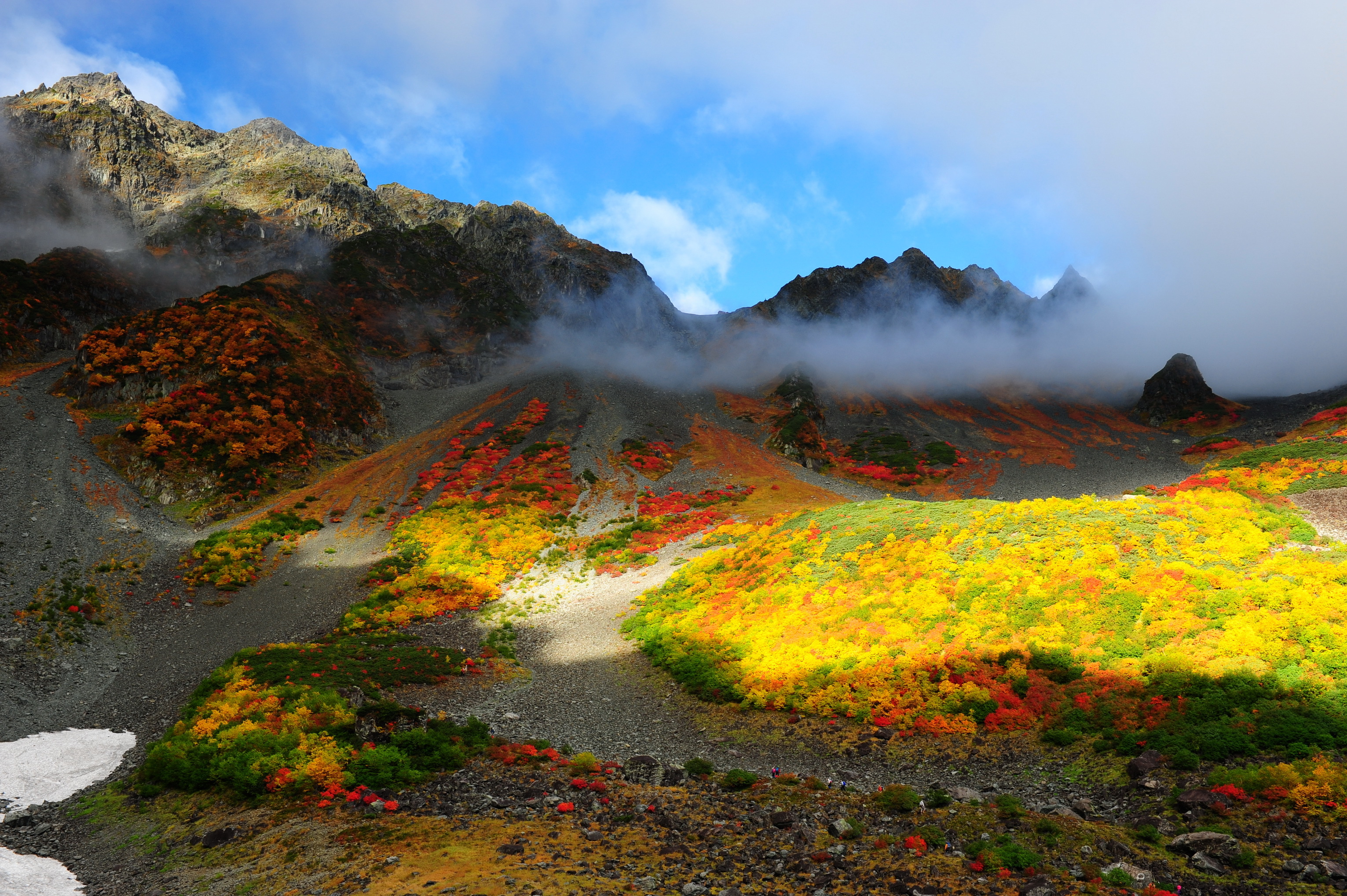 Mountains with autumn foliage and clouds HD Wallpaper