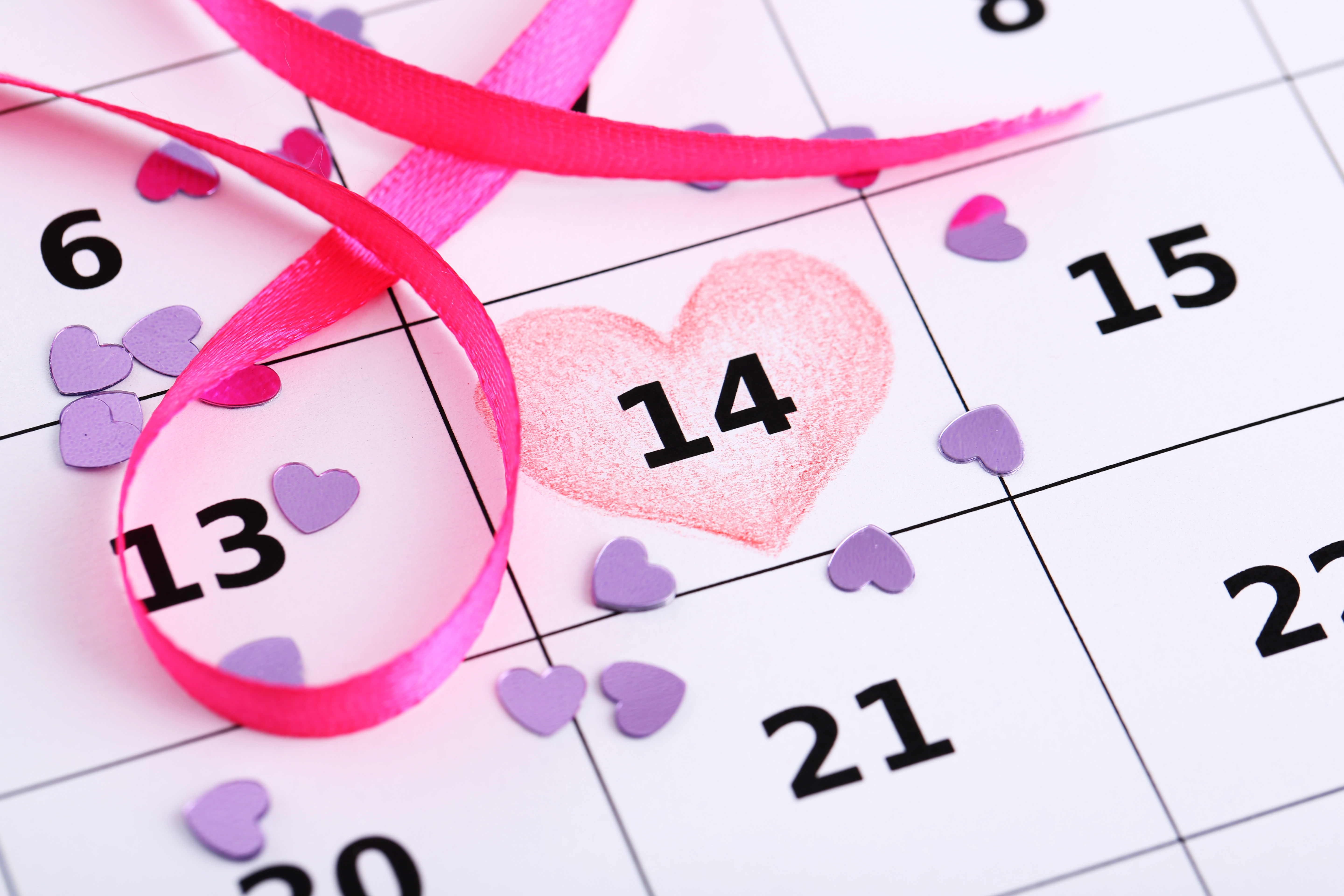 Calendar page for February 14th with hearts and ribbon HD Wallpaper