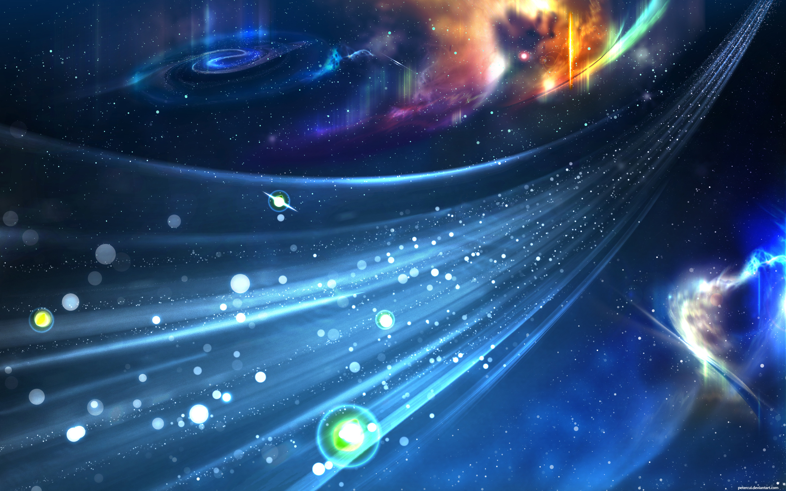 Abstract cosmic nebula with stars and light streaks HD Wallpaper