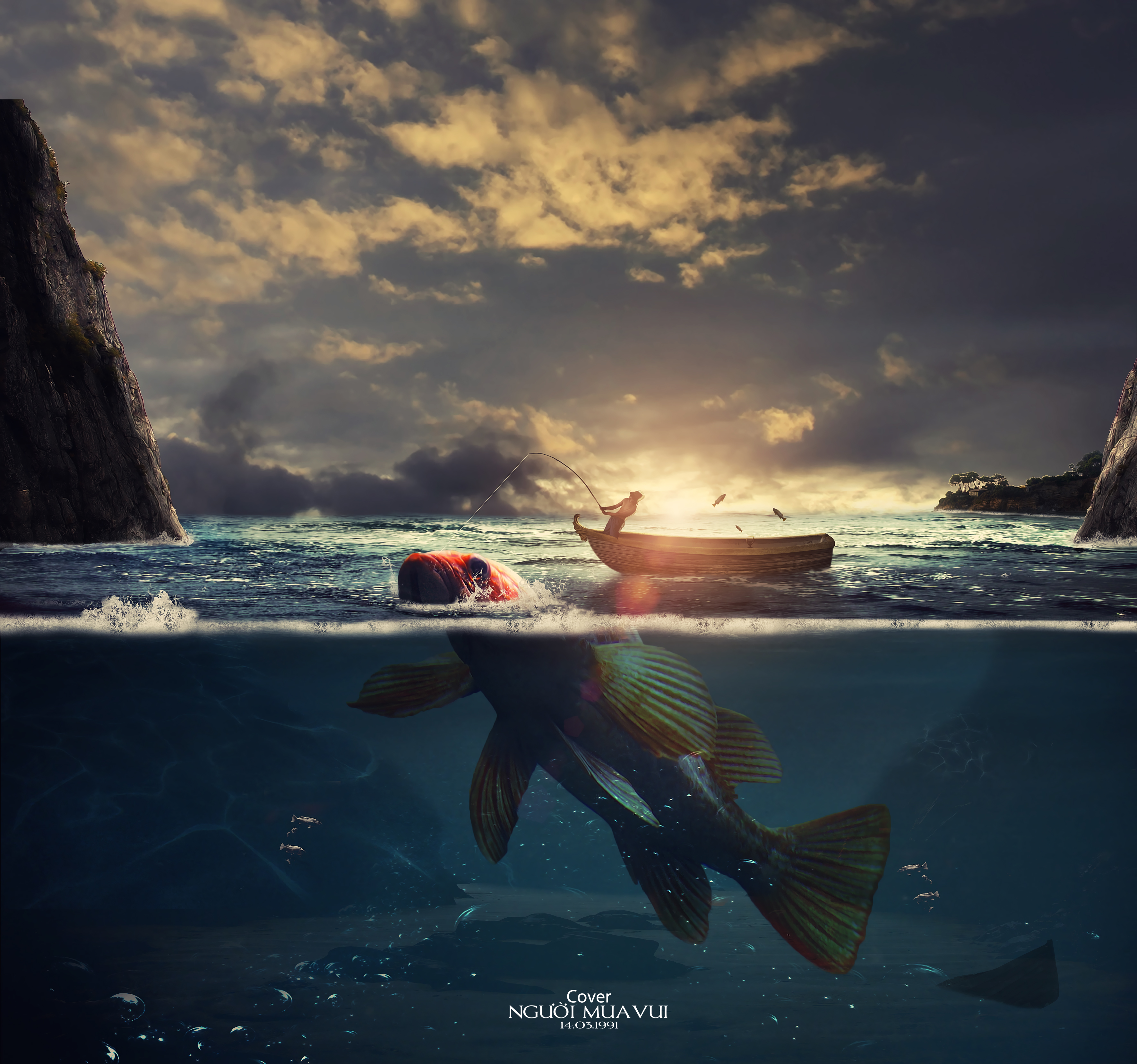 Fisherman in a boat with a large fish HD Wallpaper