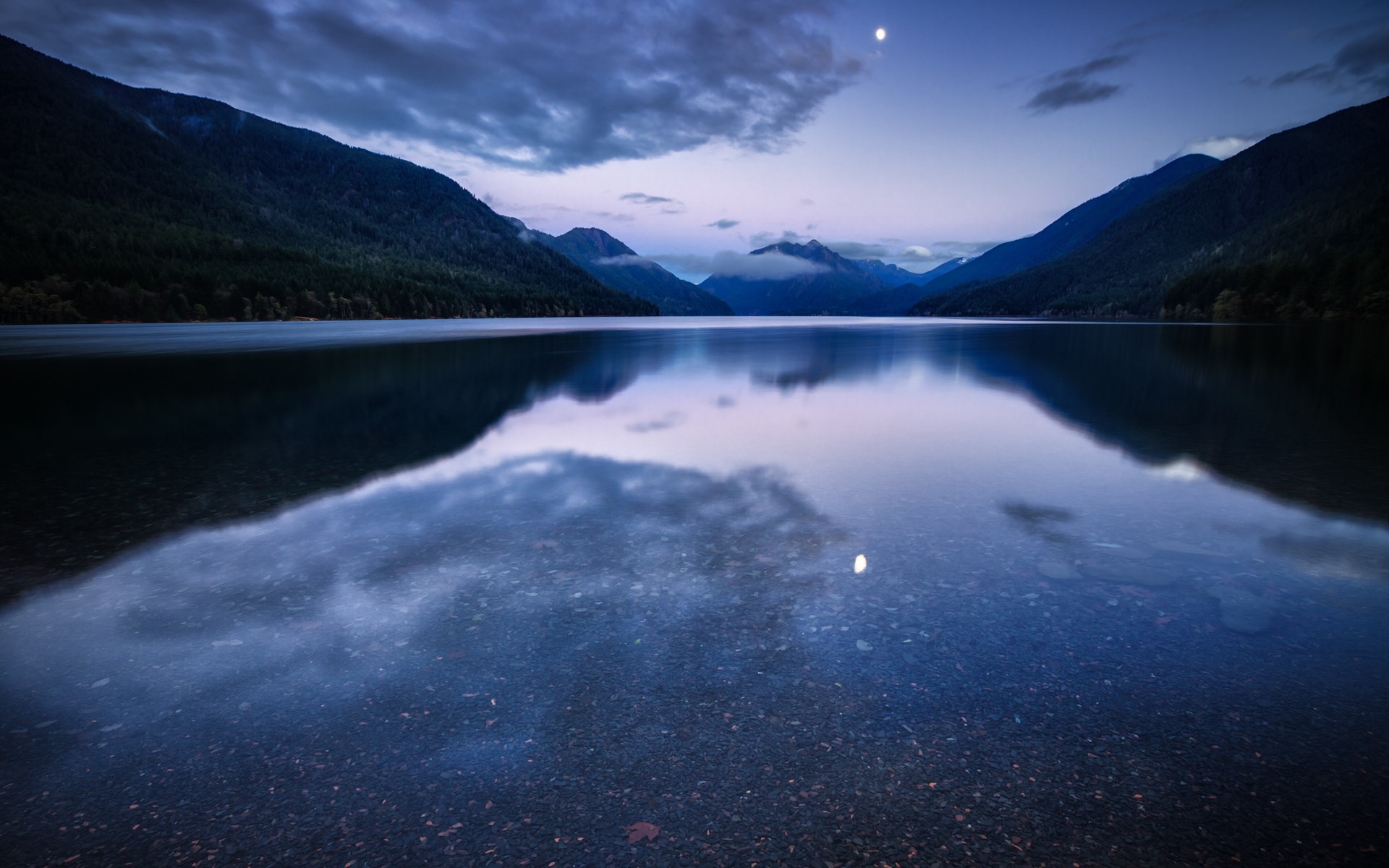 Lake and mountains at dusk with moon reflection HD Wallpaper