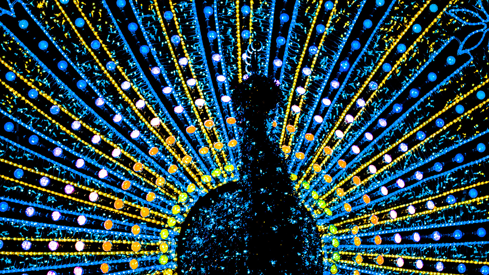 Peacock made of blue and yellow lights HD Wallpaper