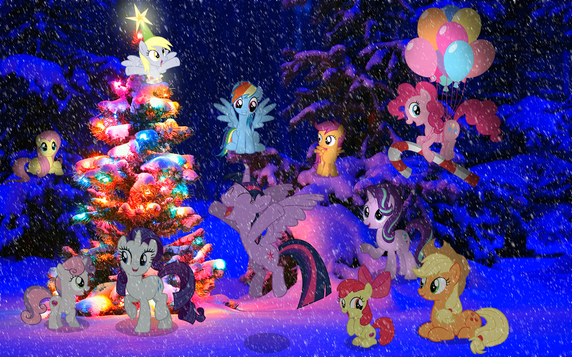 My Little Pony characters at Christmas in the snow HD Wallpaper