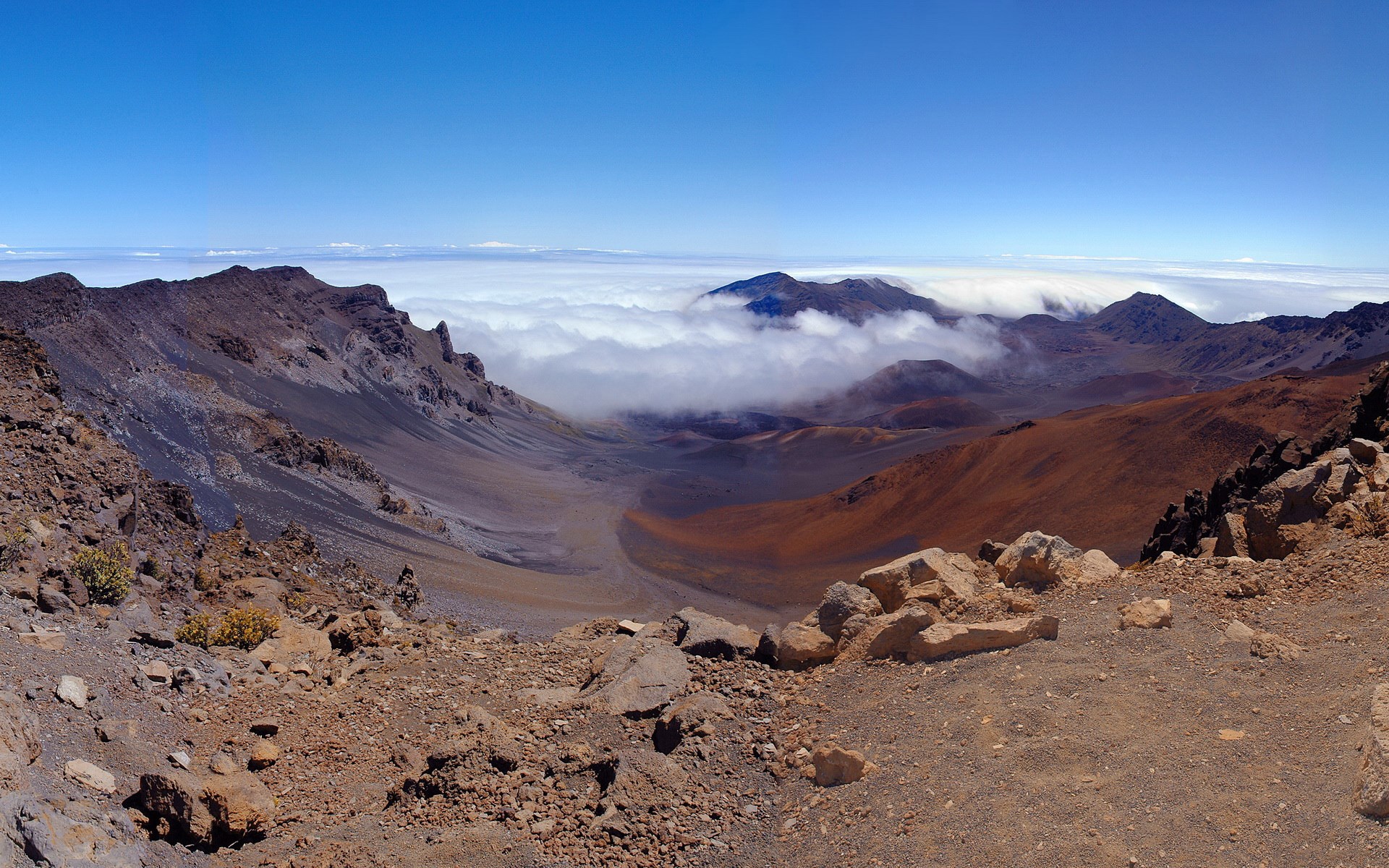 Volcanic Crater Landscape with Clouds HD Wallpaper