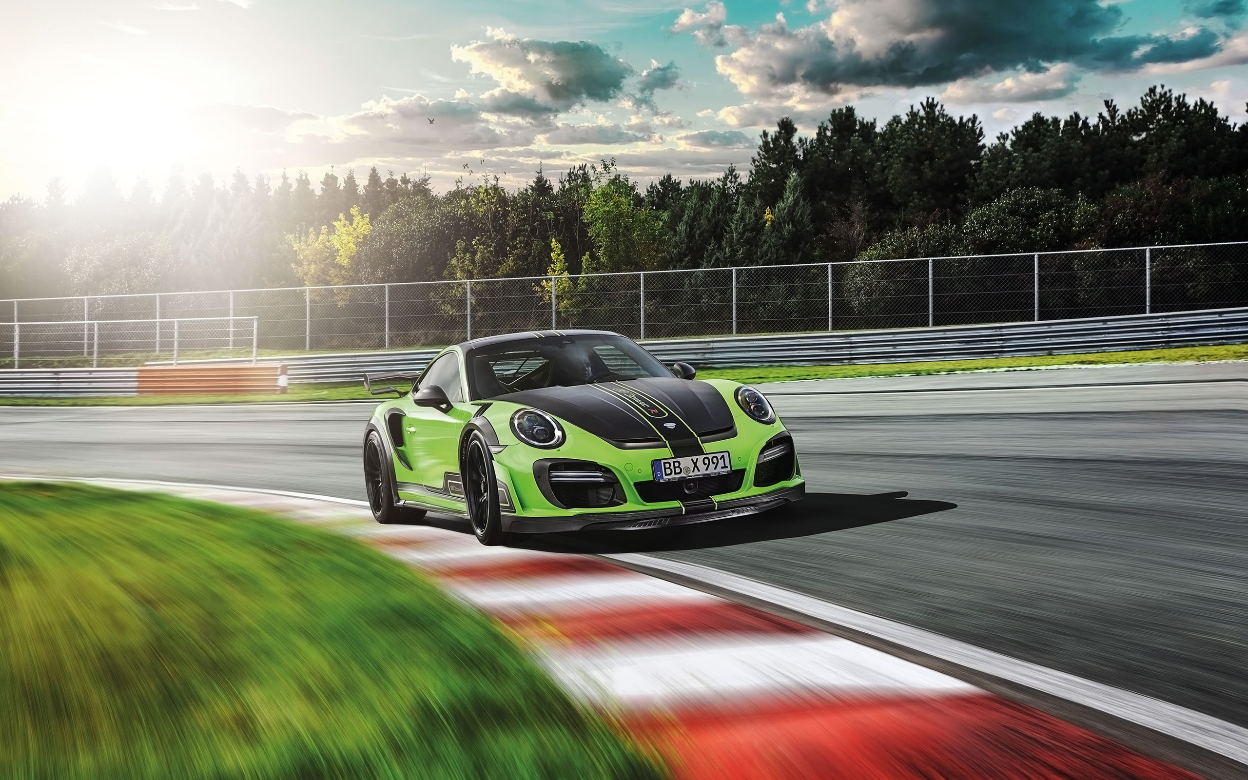 Green TechArt Porsche 911 Turbo GTstreet R on a Racetrack HD Wallpaper