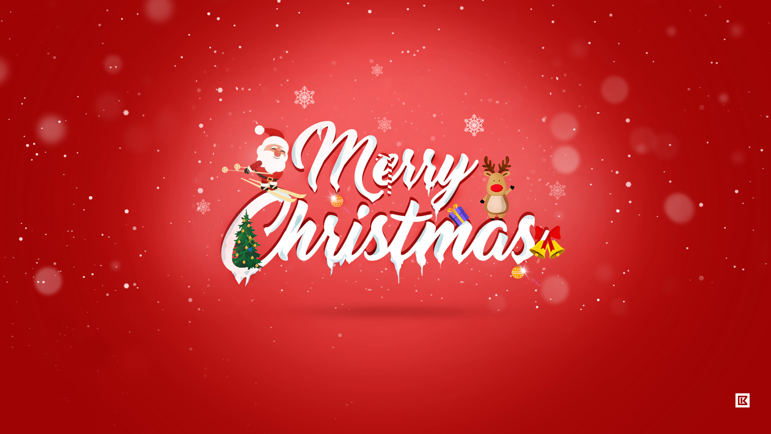 Merry Christmas text with Santa and reindeer HD Wallpaper