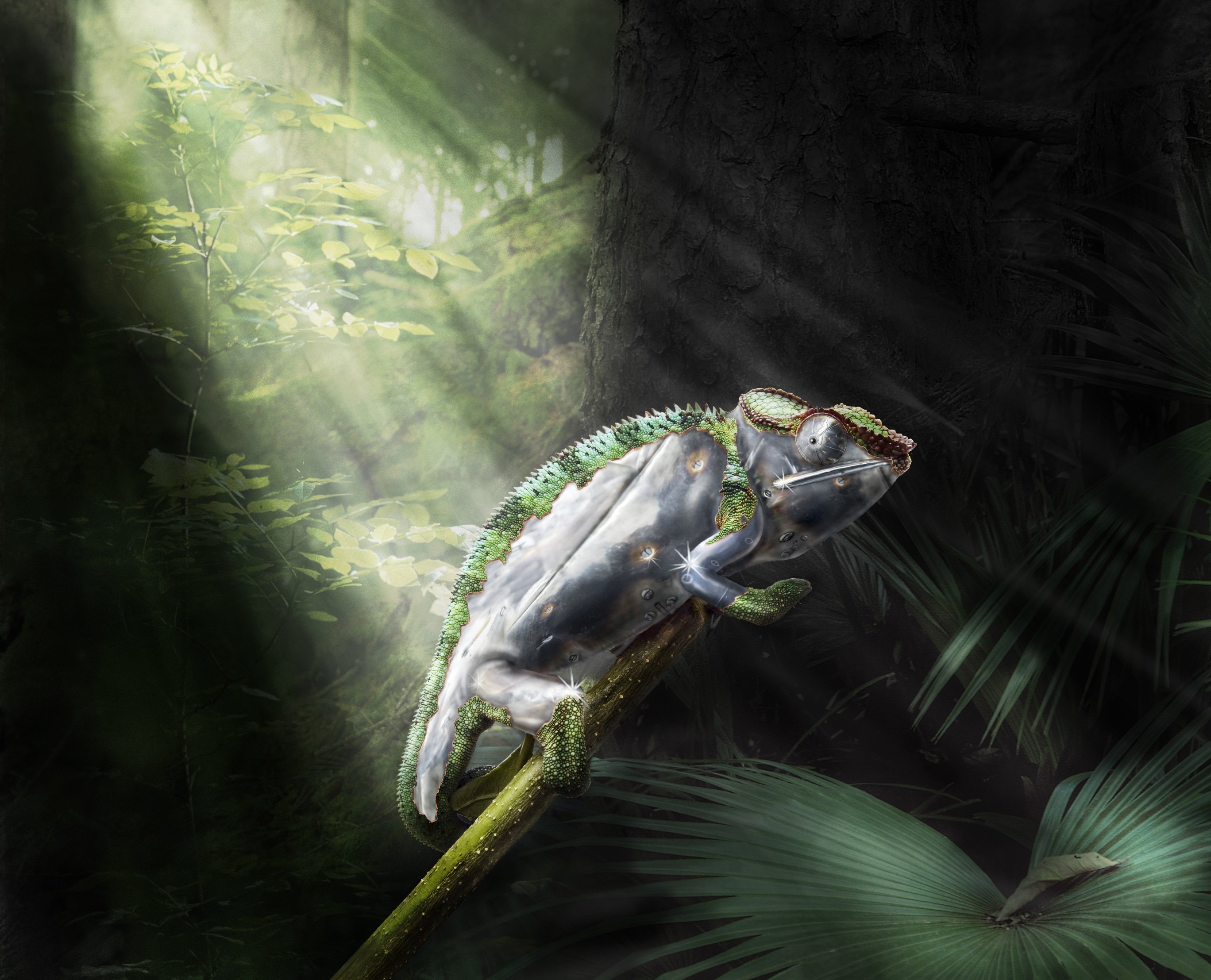 Mechanical Chameleon in a Sunlit Forest HD Wallpaper