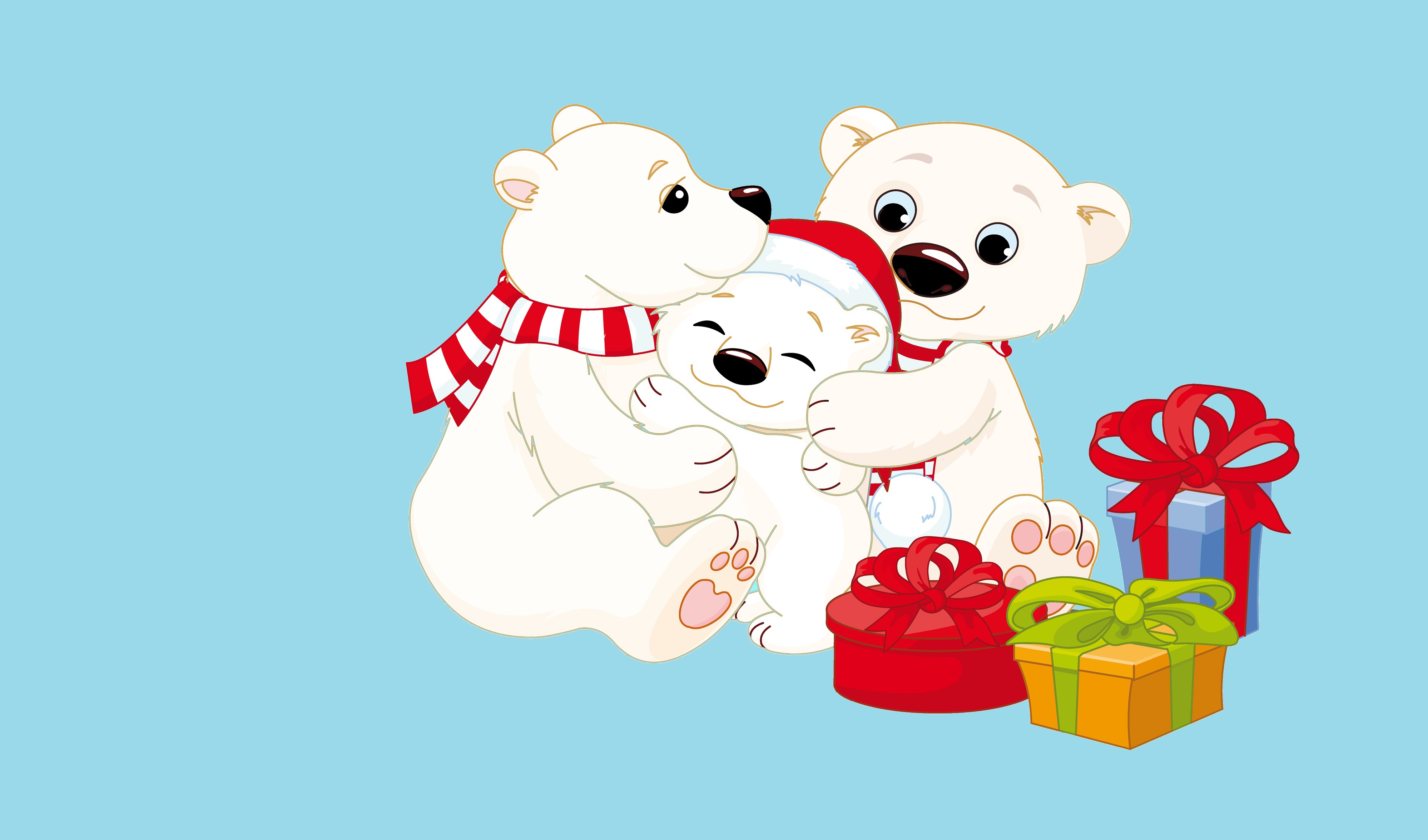 Three Polar Bears with Christmas Gifts 4K HD Wallpaper