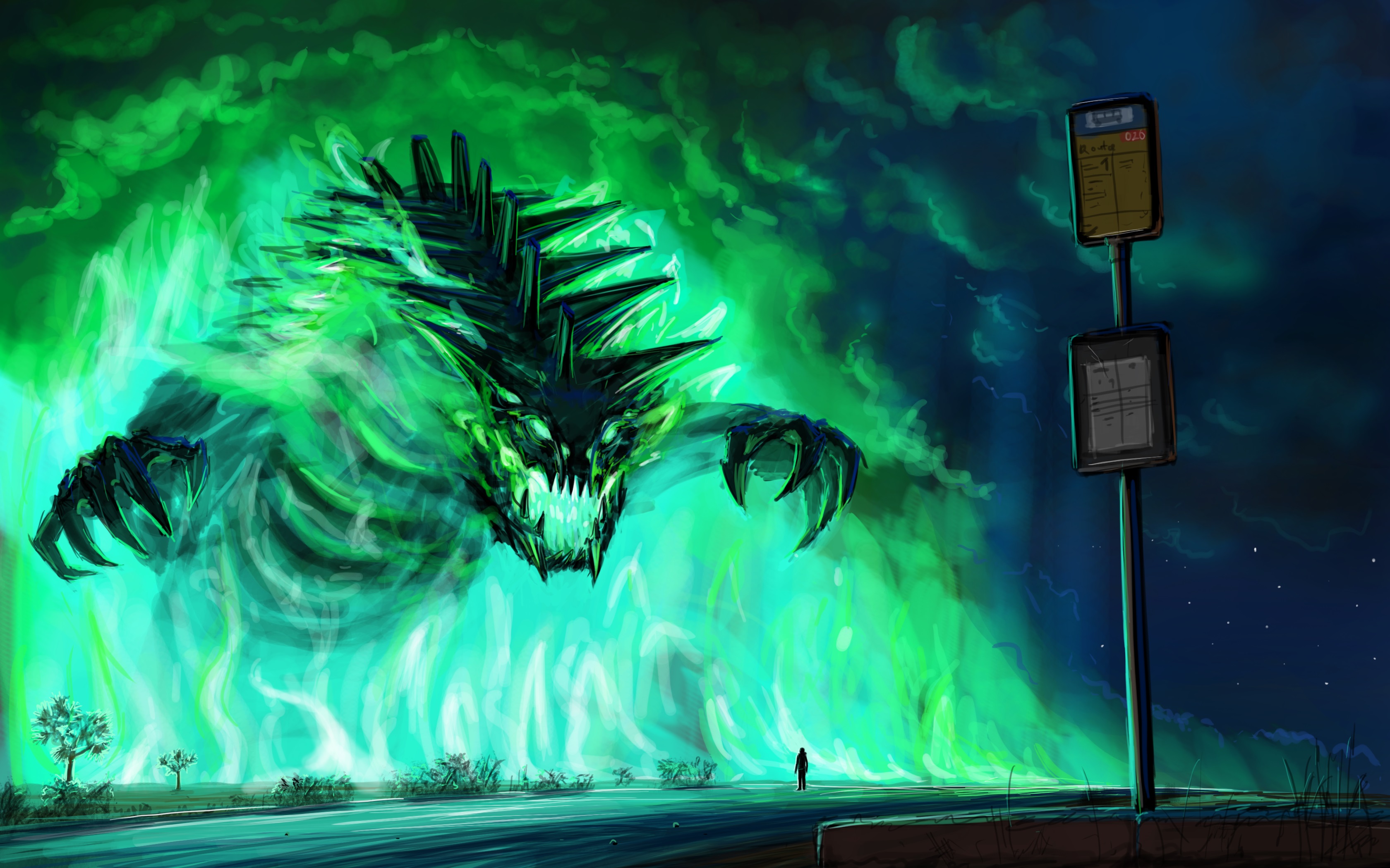 Giant green monster emerging from flames at a bus stop HD Wallpaper