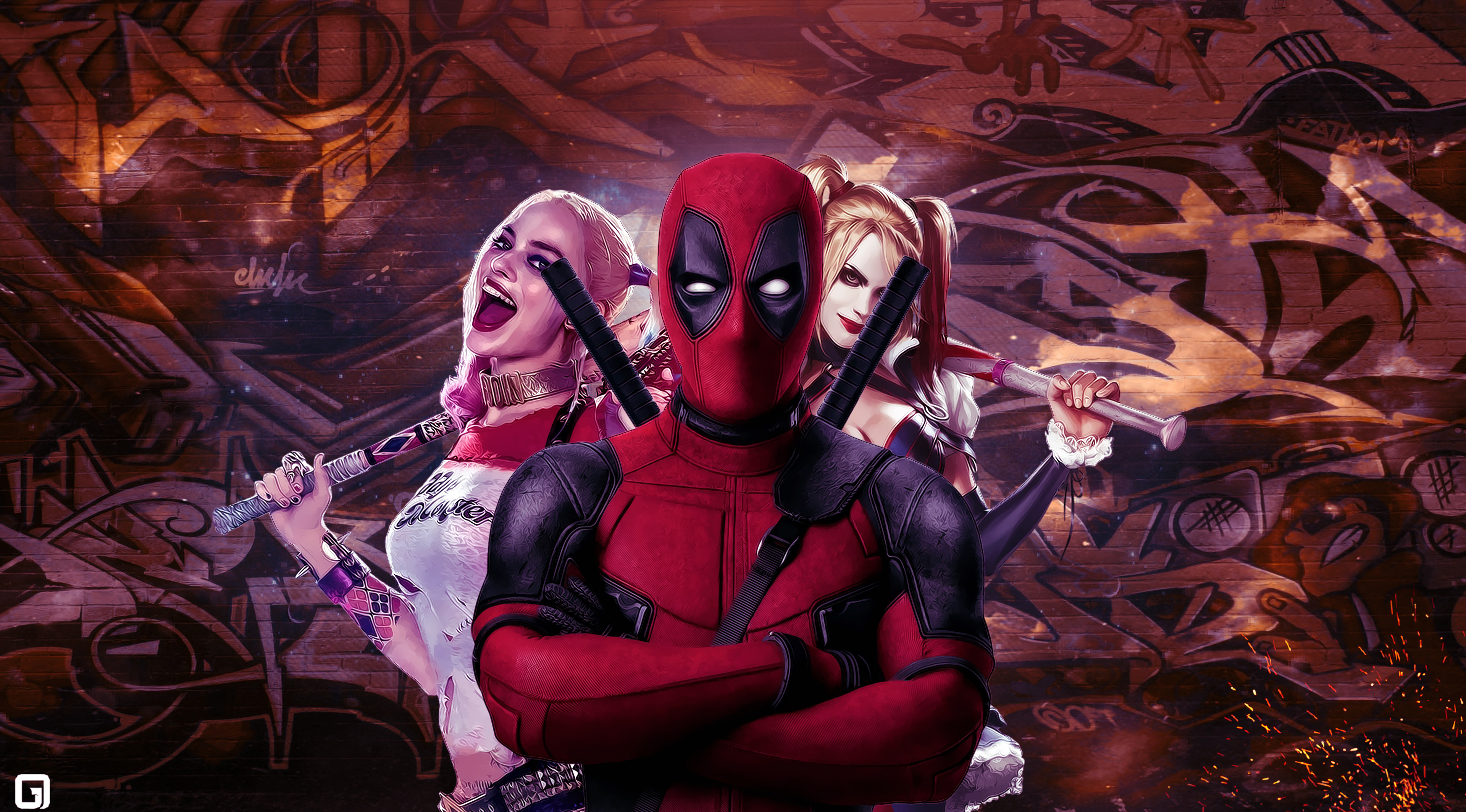 Deadpool and Harley Quinn characters artwork 4K HD Wallpaper