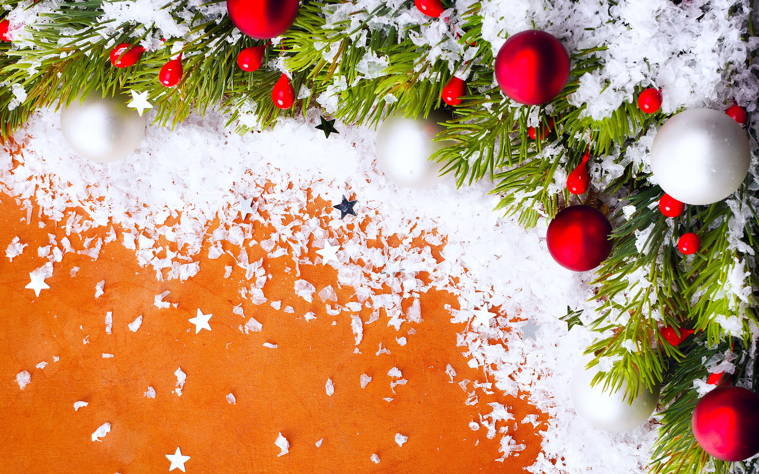 Christmas decoration with ornaments and snow HD Wallpaper