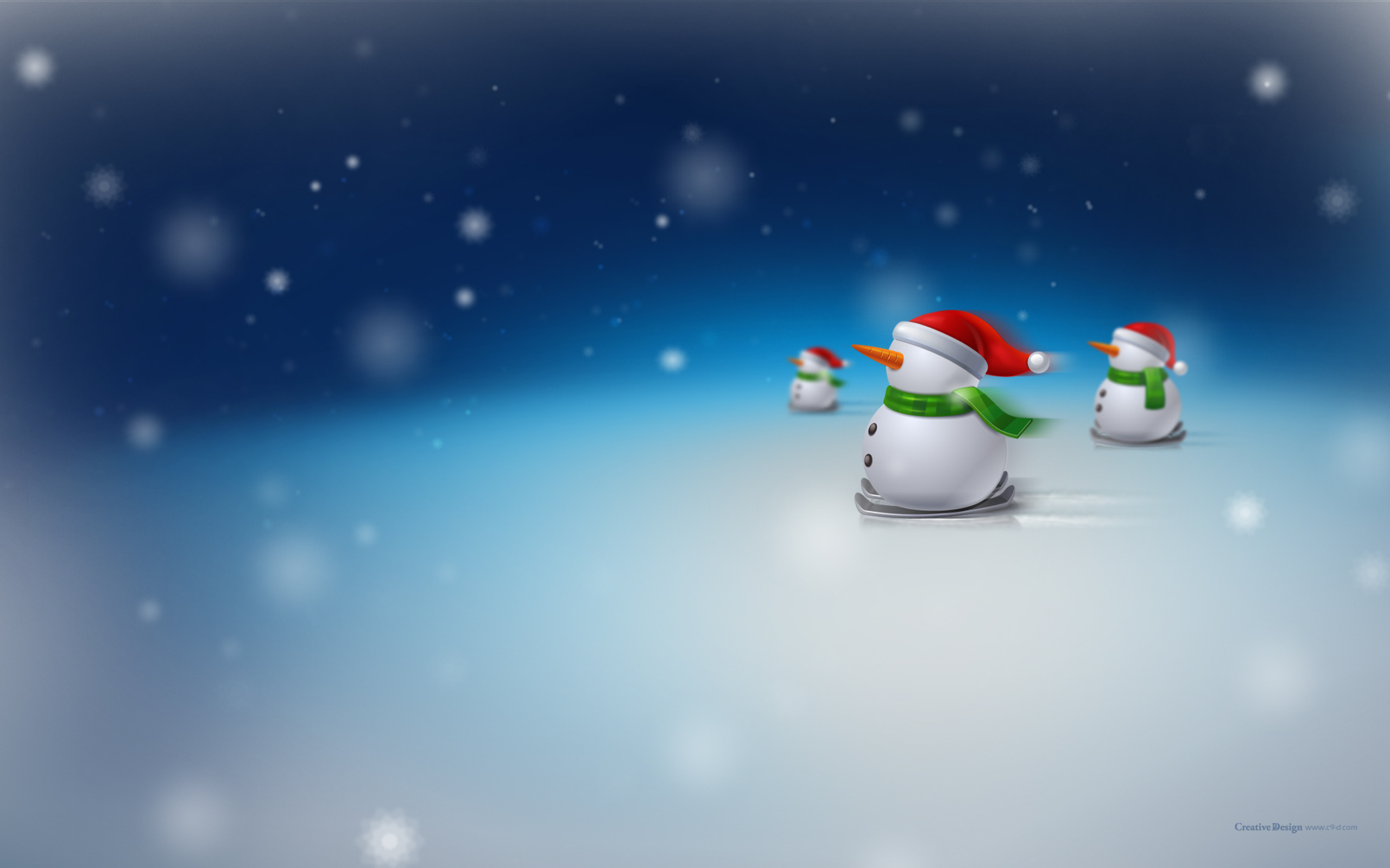 Snowmen wearing Santa hats and scarves on a snowy day HD Wallpaper